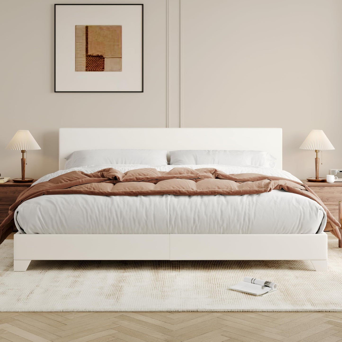 Allewie King Size Bed Frame with Adjustable Headboard, Faux Leather Platform Bed with Wood Slats, Heavy Duty Mattress Foundation, No Box Spring Needed, Noise-Free, Easy Assembly, White