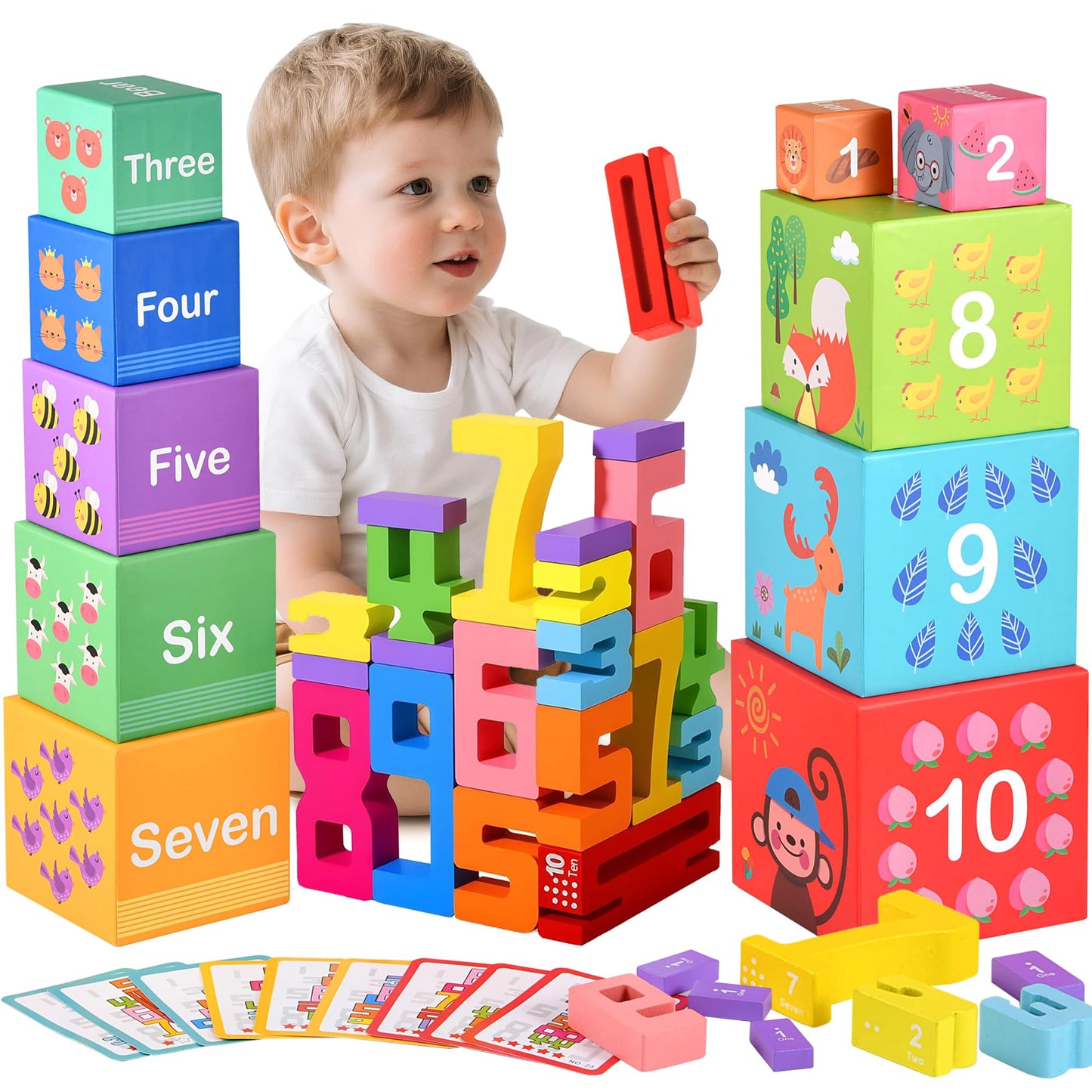 Wooden Number Building Blocks & Stacking Toys for Toddlers 3+ Years Old, Digital Building Blocks, 1-10 Digital Blocks Toys, Balance Competition Toy, Educational Gift for Kids Boys and Girls