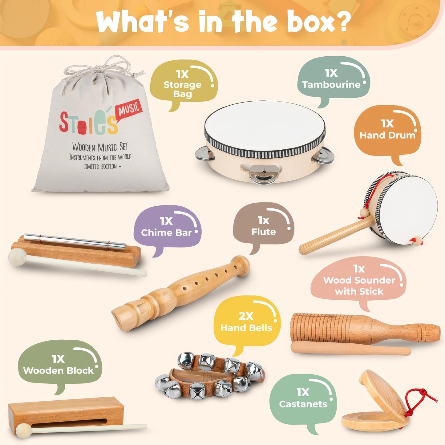 Stoie's Wooden Toddler Musical Instruments with Drum, Hand Bells, Flute, Maracas, Castanet, Tamburine, for Babies and Kids, Eco Friendly Montessori Educational Toy