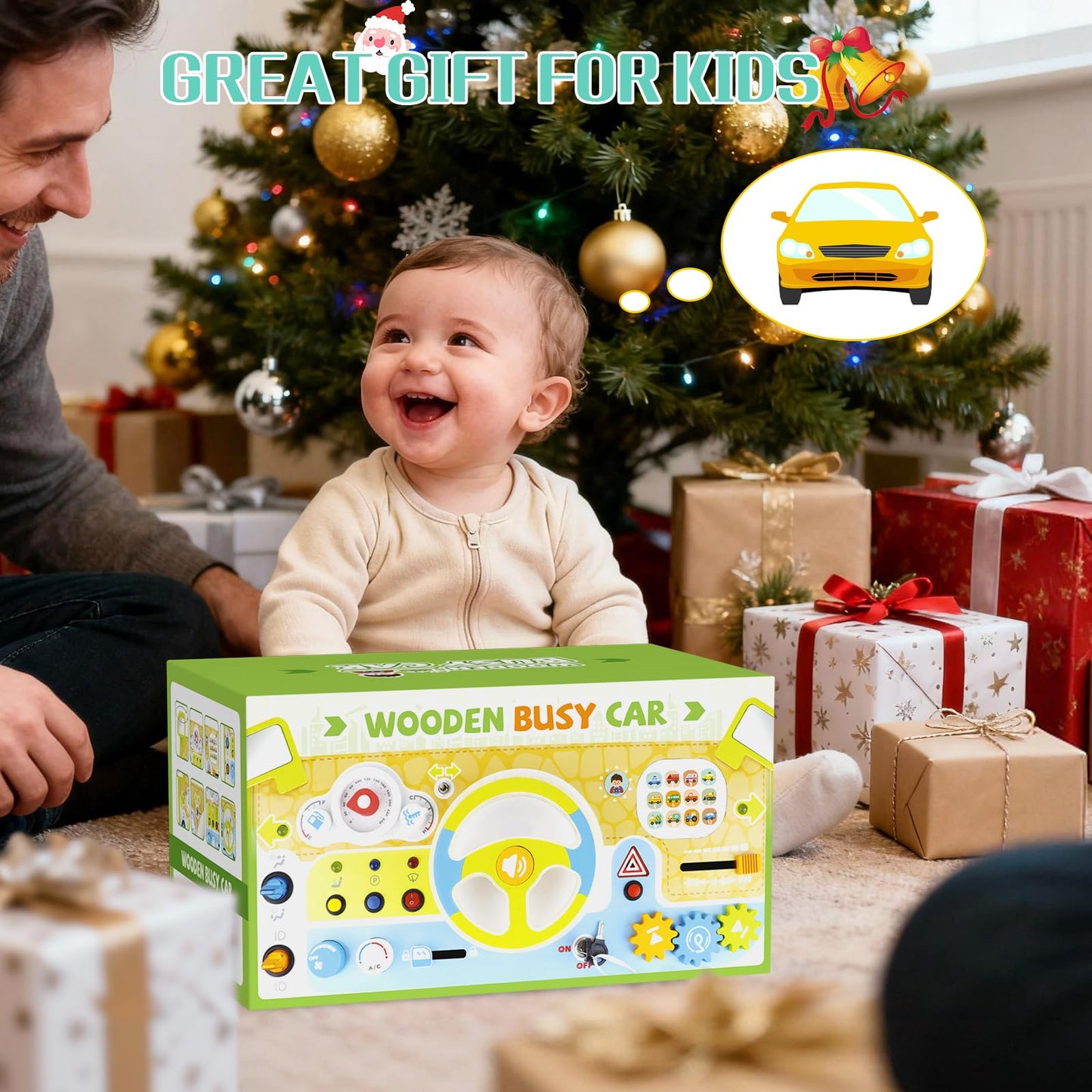 Yuyctwg Montessori Car Busy Board for Toddlers, Wooden Sensory Steering Wheel Activity Baby Toy with Lights, Buttons, Gears & Key Start, Kids Interactive Educational Toys for Boys Girls