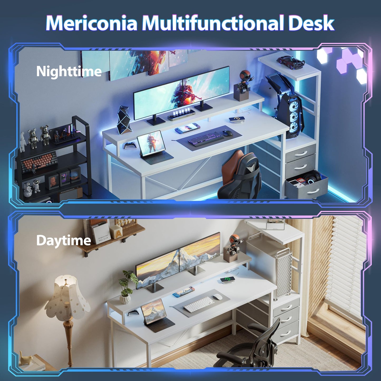 Mericonia Gaming Desk with Storage 60 inch, Computer Desk Gaming with LED Lights & Power Outlets, Reversible Large Gamer Table with PC Case Stand, Fabric Drawers, Office Desk with Shelves