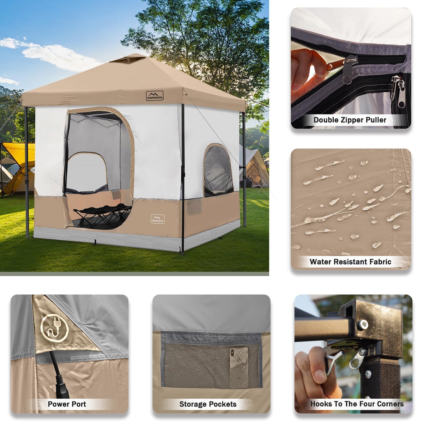 KAMPKEEPER 6-Person 10x10 Pop-Up Canopy Tent with Inner Tent, Waterproof, Portable Camping Shelter with Vented Roof, Adjustable Instant Canopy Height for Camping, Khaki