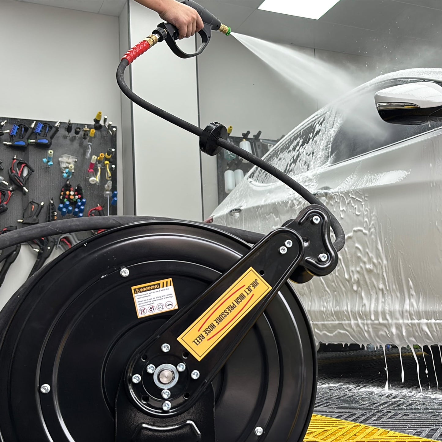 JOEJET Auto-Retractable Pressure Washer Hose Reel, 50FT x 3/8" Heavy Duty Steel Power Washer Hose Reel Dual Arm, 4000 PSI