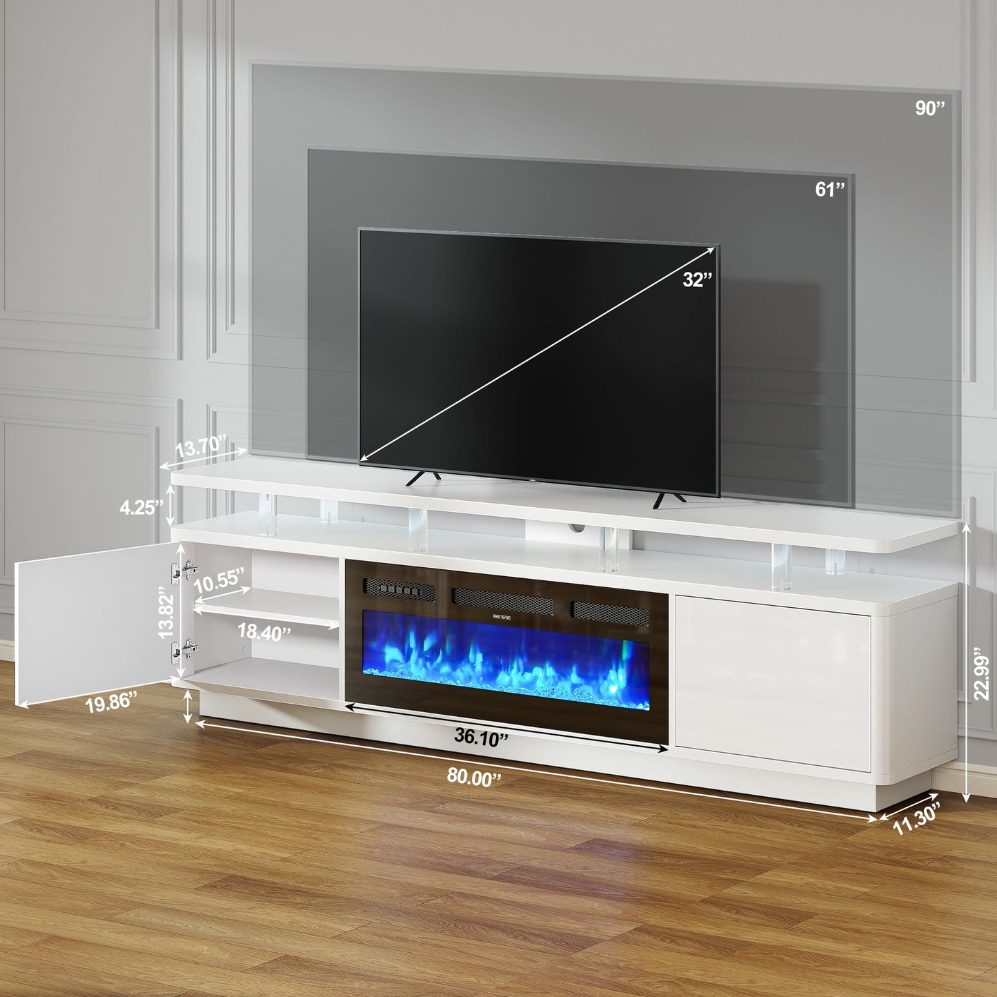 OneBlis 80" Fireplace TV Stand with Double LED Lights for TVs UP to 80", Electric Fireplace Entertainment Center with Storage Cabinets, TV Console for Living Room, Office, White