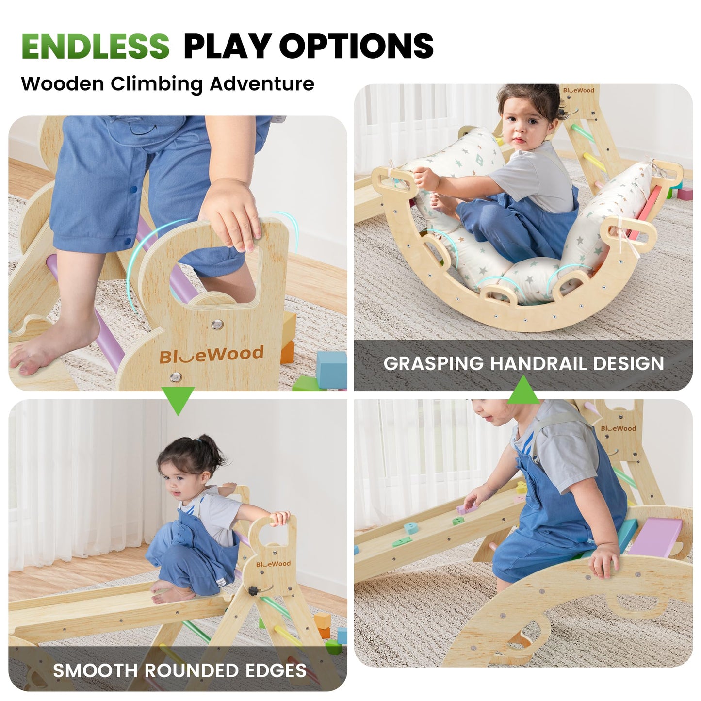 BlueWood Pikler Triangle Set with Cushion - Climbing Toys for Toddlers 9-in-1, Montessori Philosophy Play Jungle Gym with Arch, Ramp, Ladder (Rainbow)