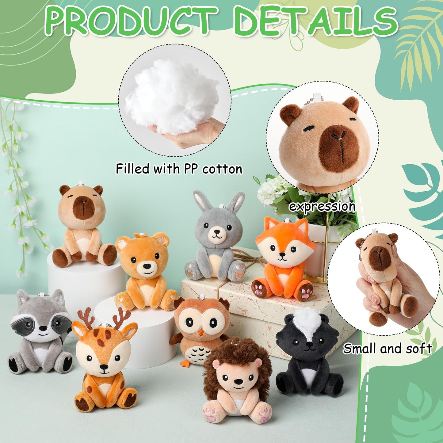 Aoriher 9 Pcs Small Forest Stuffed Animals Bulk 4 Inch Mini Woodland Plush Toys Deer Rabbit Owl Skunk Capybara Raccoon Hedgehog Brown Bear Fox for Kids Baby Shower Birthday Party Favors