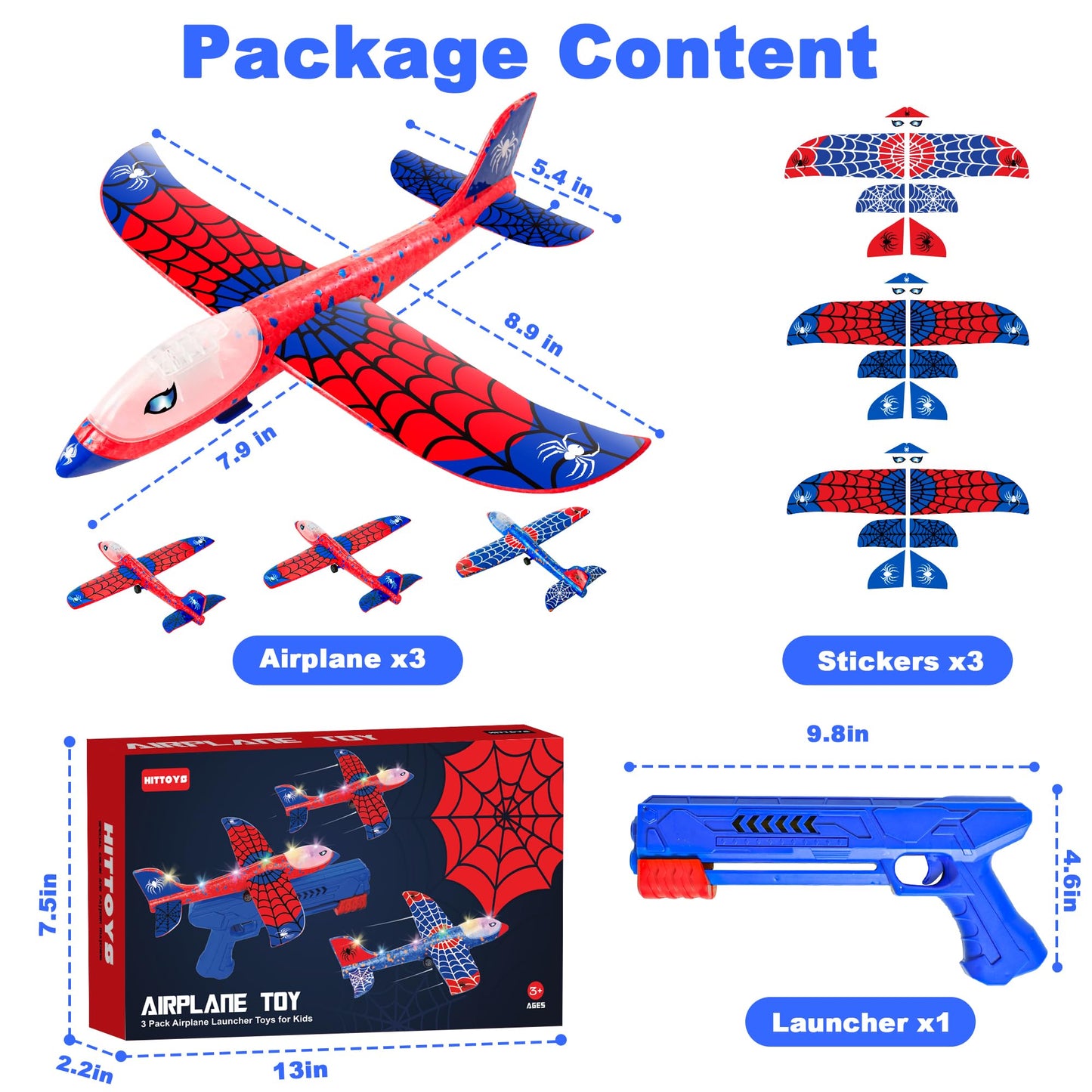 HitToys Airplane Launcher Toy for Kids&Hover Soccer Ball Toy for Kids, 3 Pack Spider Foam Gliders Air Planes,2 Pack Indoor Soccer Ball with Led Light for Old Boys Girls Outside Sport Games Birthday