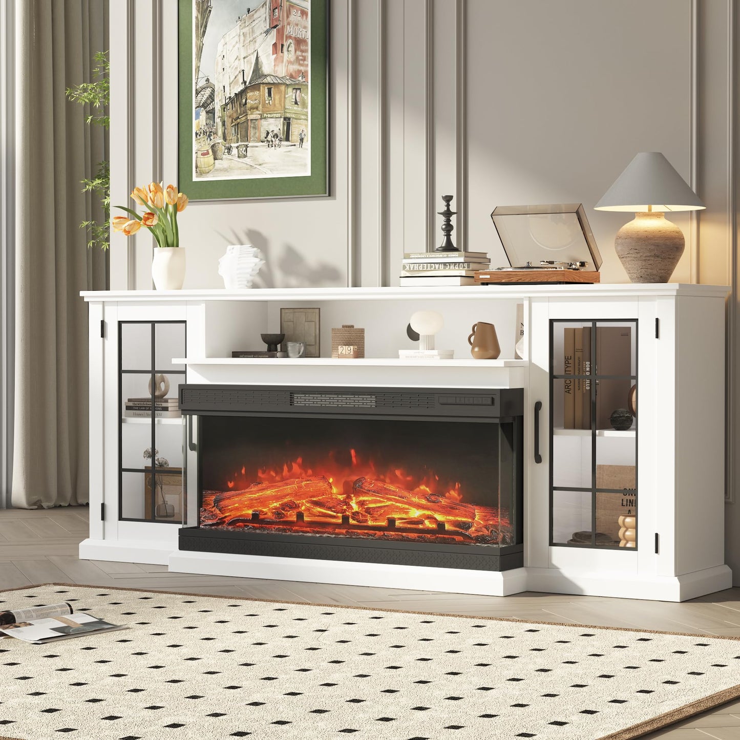 PeakPursuit Fireplace TV Stand, 75'' TV Stand with Fireplace, 40'' Electric Fireplace Insert with Realistic 3D Flame Effect and LED Lights, Entertainment Center with Fireplace, White