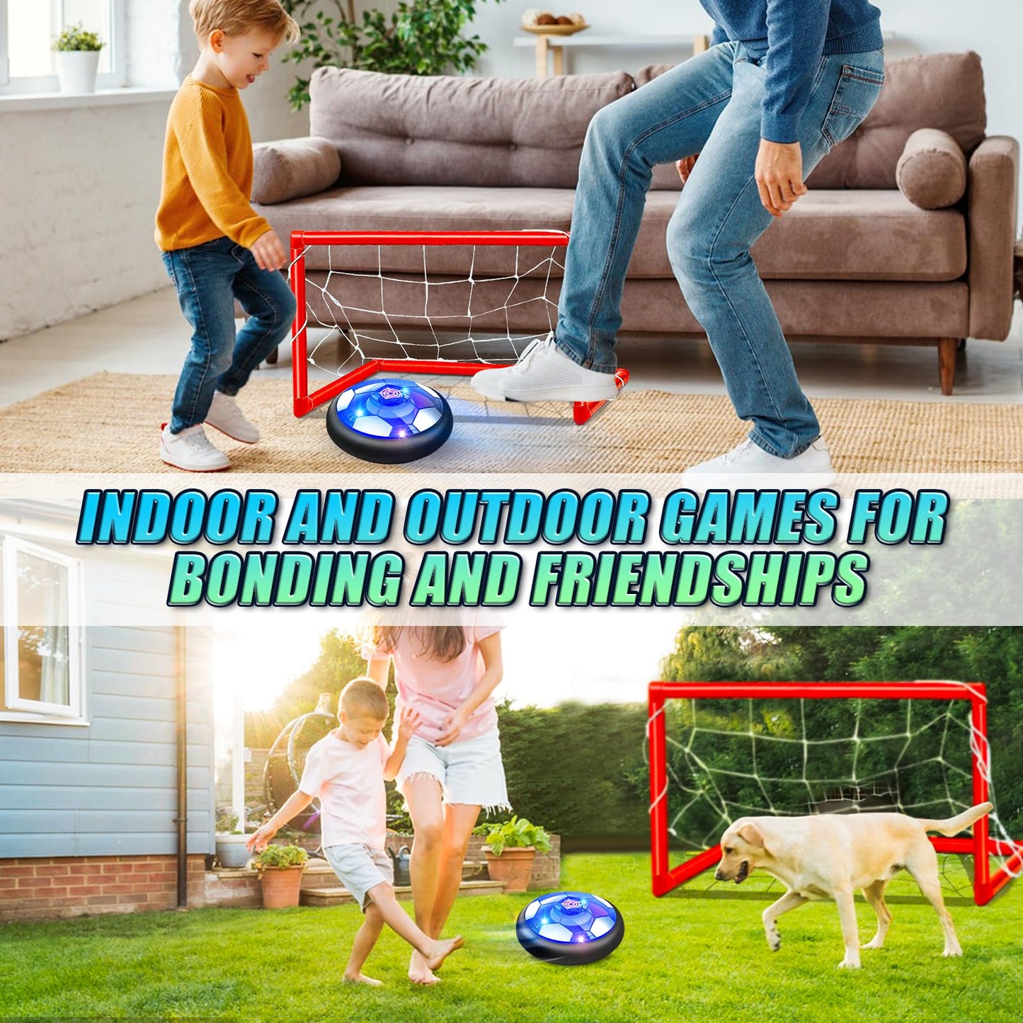 2 Pack Hover Soccer Ball Set with 2 Goals - Rechargeable LED Air Power Football, Indoor/Outdoor Floating Hover Ball Toy, USB Charging Soccer Gifts for Boys & Girls Ages 3-12, Birthday/Holiday Presents