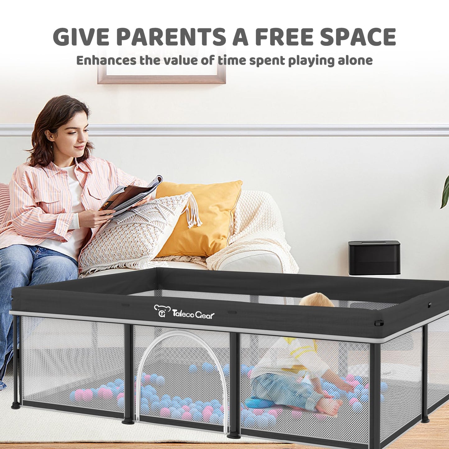 Taleco Gear Foldable Baby Play Pen with Mat, 50''x71'' Playpen for Babies and Toddlers, Playpen for Baby with Gate, Breathable,Foldable Travel Play Pen with 50 Ocean Balls