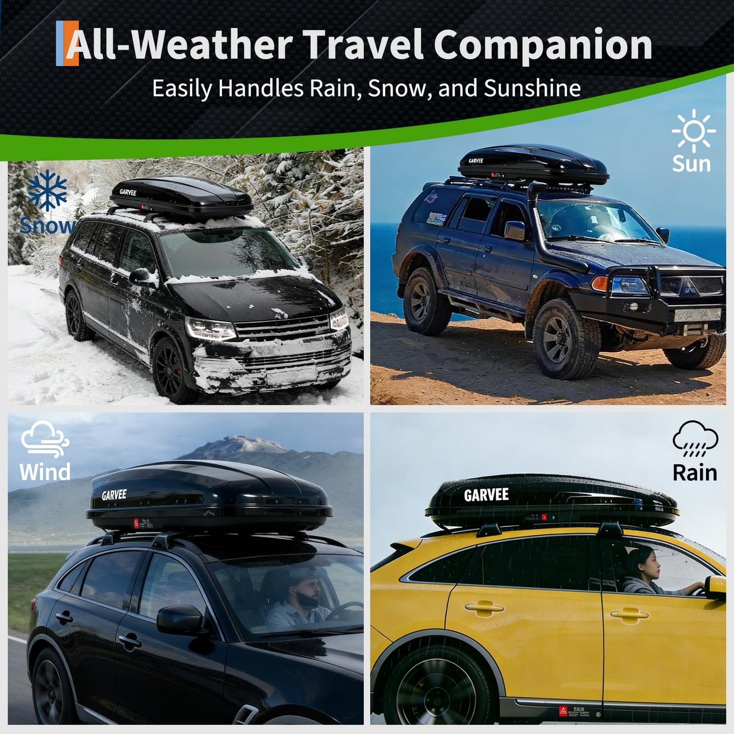 62 Inch Rooftop Cargo Box Carrier, 14 Cubic Ft. Hard Shell Roof Rack Cargo Carrier with Security Keys, 165 Lbs Capacity Waterproof Rooftop Storage Box, Dual Side Opening