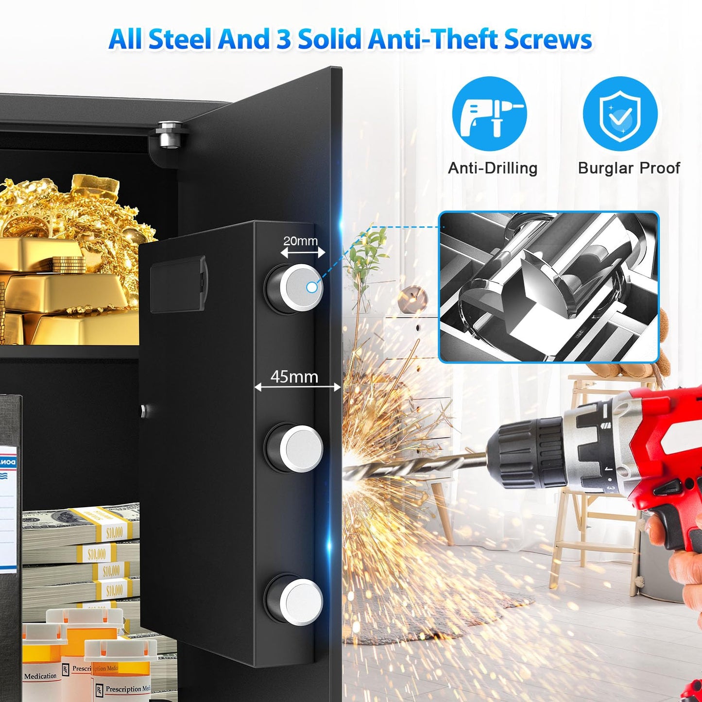 19.69 Inches Tall Safe Box, 3.3 Cuft Home Safe with Fireproof Waterproof Bag, Anti-Theft Digital Security Lock Box with Smart Alert System, Removable Shelf, Mute Function, Document Safes for Jewelry