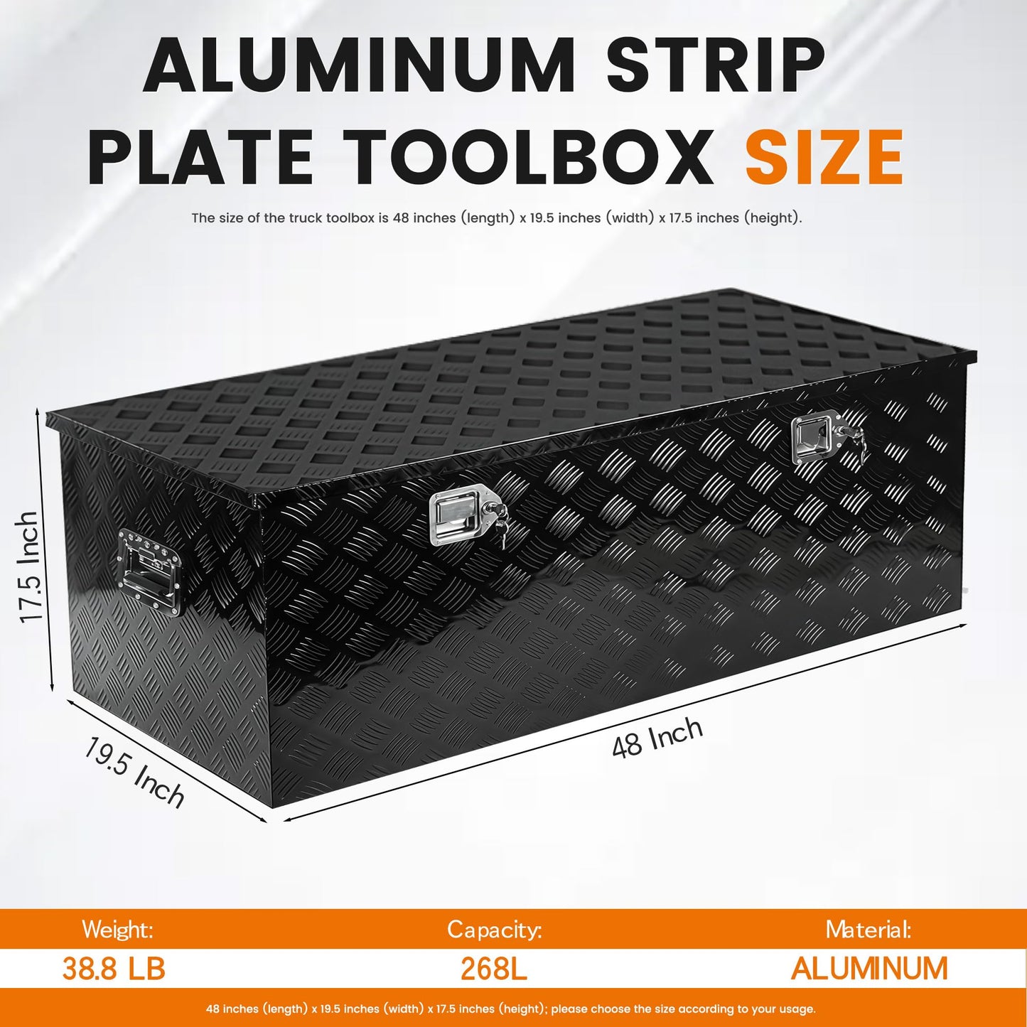 Vigorighter 48 Inch Aluminum Truck Tool Box, 48" x 19.5" x 17.5" Heavy Duty Truck Bed Storage Box for Pick Up Truck RV Trailer, Toolbox with Side Handles, Locks and Keys, Black