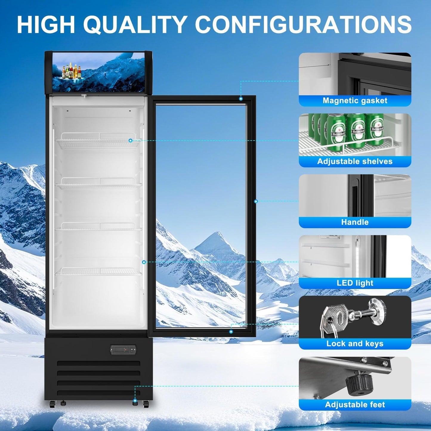Rockitch Commercial Beverage Refrigerator with 1 Glass Door, 12.3 Cu.ft Commercial Upright Display Merchandiser, Drink Cooler Fridge with LED Light, Lock Wheels for Bar, Shop, ETL Approved