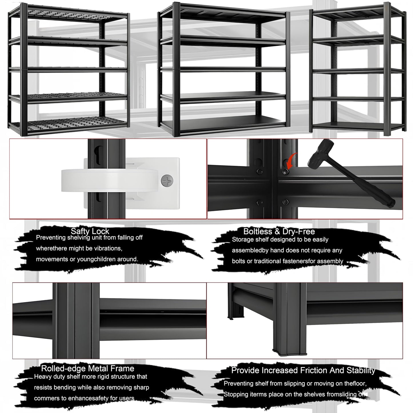 Darubtes Industrial Storage Rack,Heavy-Duty Steel Shelving Unit,Multi-Purpose Garage Organization System Black 72" H x 62" W x 23.5" D 5-Tier