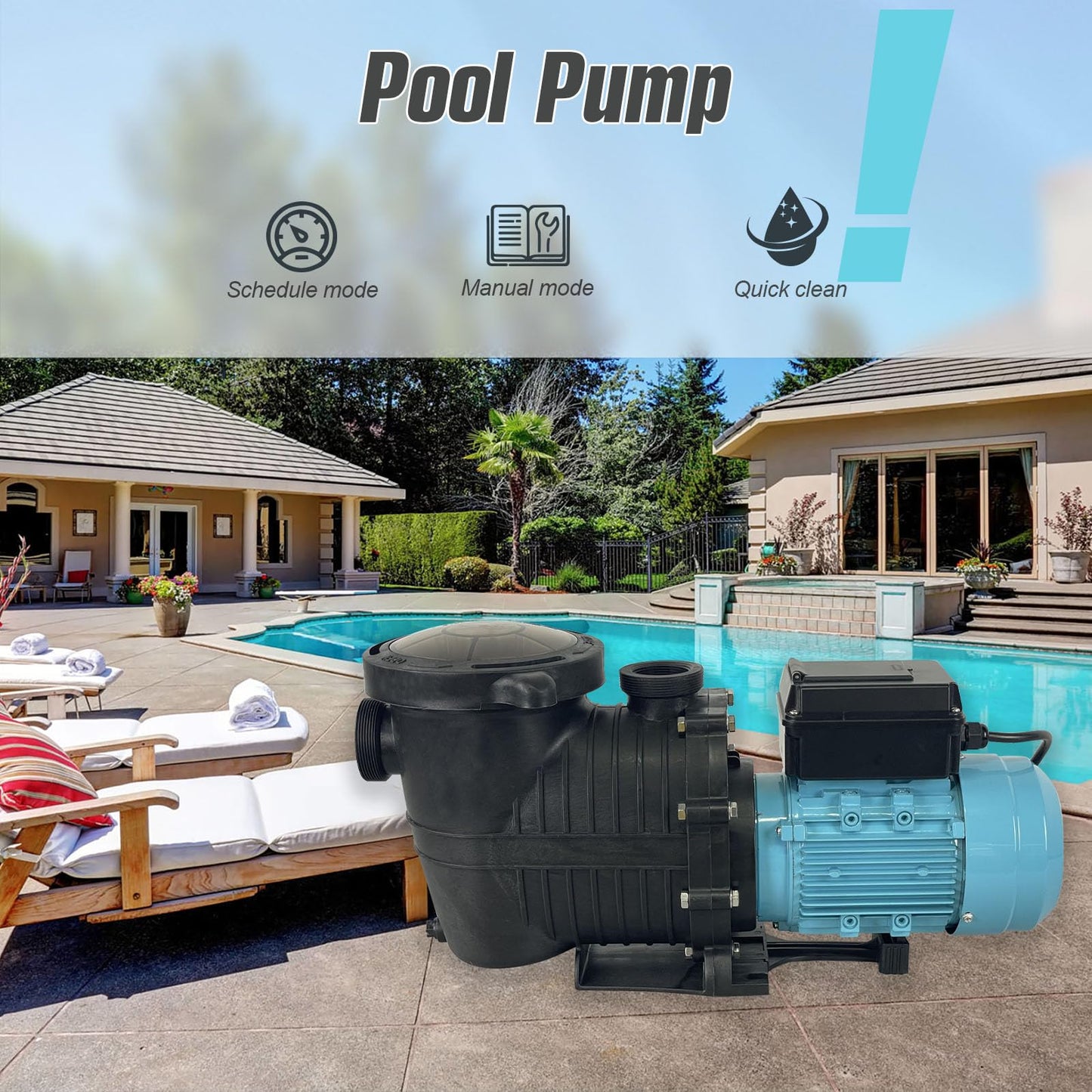 1.5 HP Variable Speed Pool Pump VS Multiple Speed Programmable Pool Pump 230Vac 5880GPH Intelligent In-ground and above ground pool Compatible with 1.5"/2.0" Pipes & 1.25/1.5" Hoses