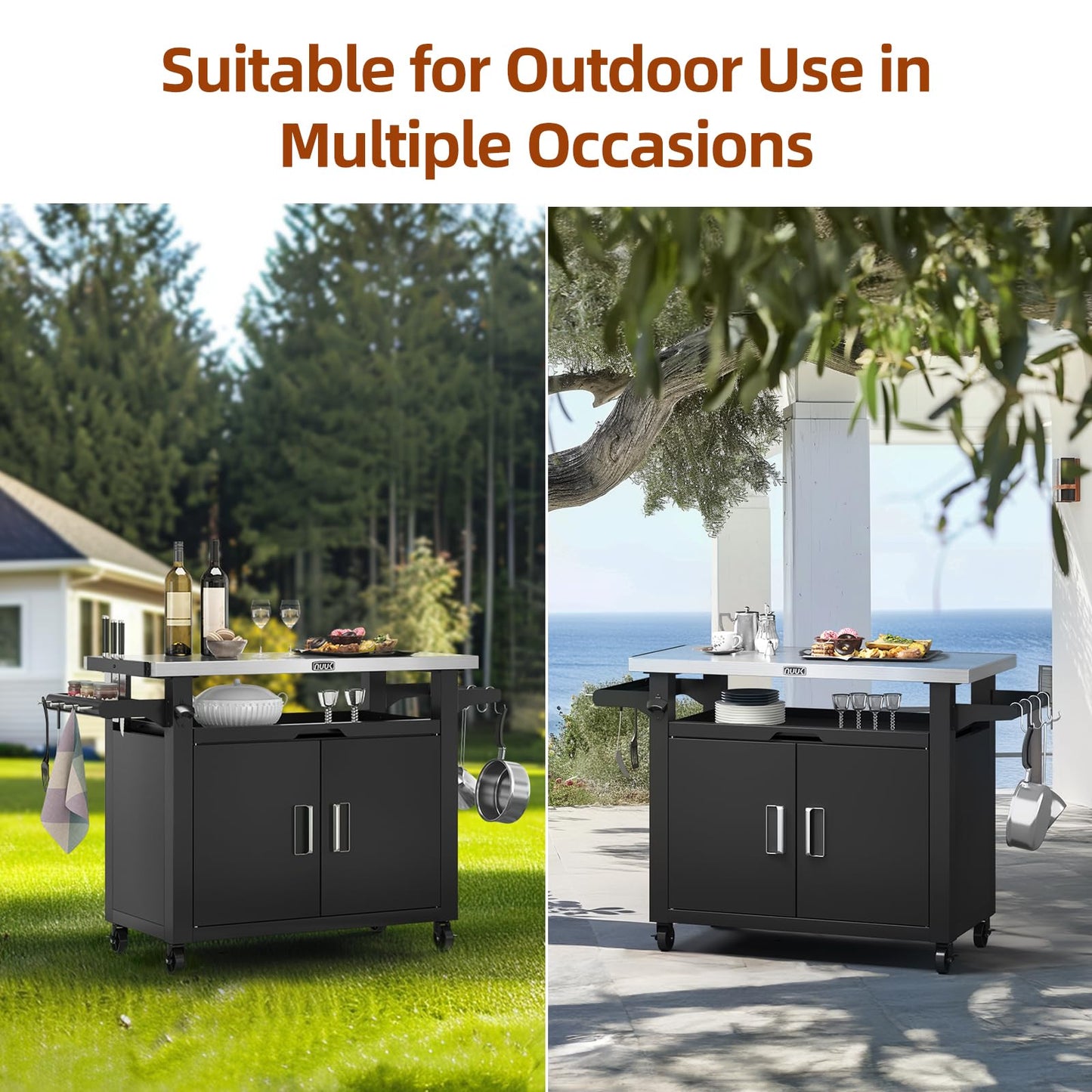 NUUK Outdoor Grill Cart with Storage Cabinet Metal Kitchen Island Prep Table with Movable Universal Wheels and Stainless Steel Top