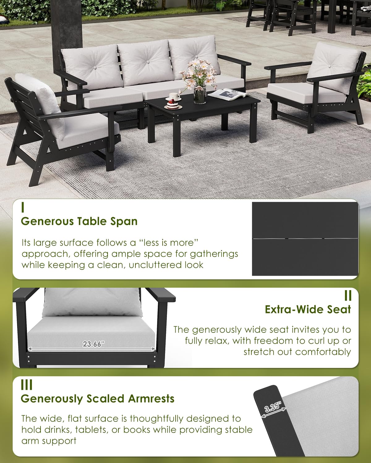 GREENVINES 6-Piece-Patio-Furniture-Set | HDPE Plastic | Outdoor Sectional Conversation Sets | All-Weather Couch | Sofa with Coffee Table | Detachable Armrests | for Deck Lawn | Black