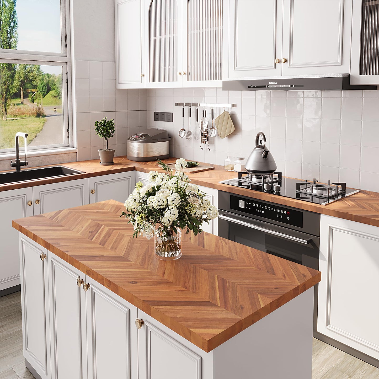 Howizz Chevron Acacia Butcher Block Countertop 48 x 30 x 1.5 inches, Teak Solid Wood Table Top for Desk Top, Workbench Top