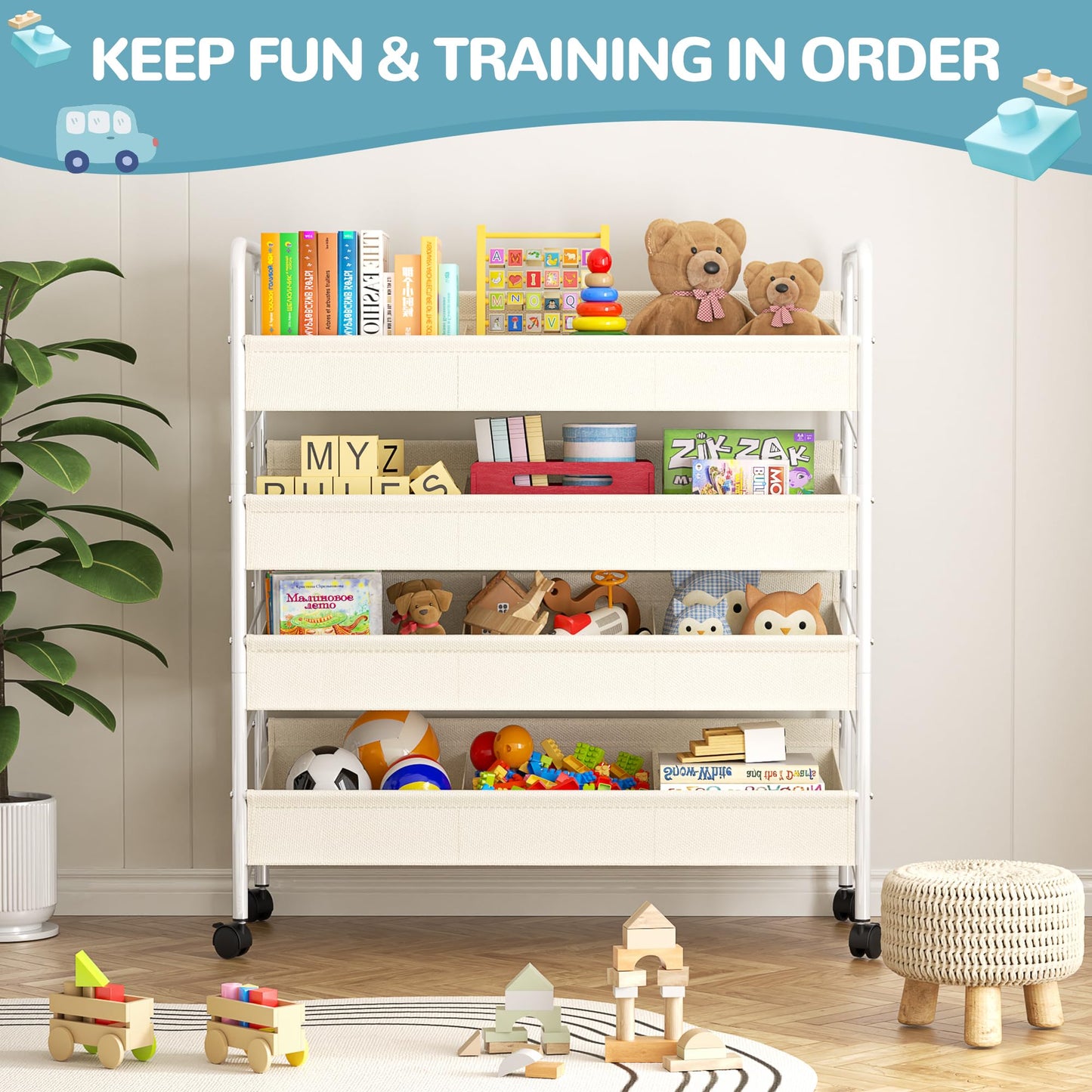 Kids Toy Storage Organizer with 4 Shelves and Wheels,White-Supersized Toy Storage Shelf for Toddlers Ideal for Kids' Rooms,and Nurseries,Toddler Furniture for Boys and Girls Ages