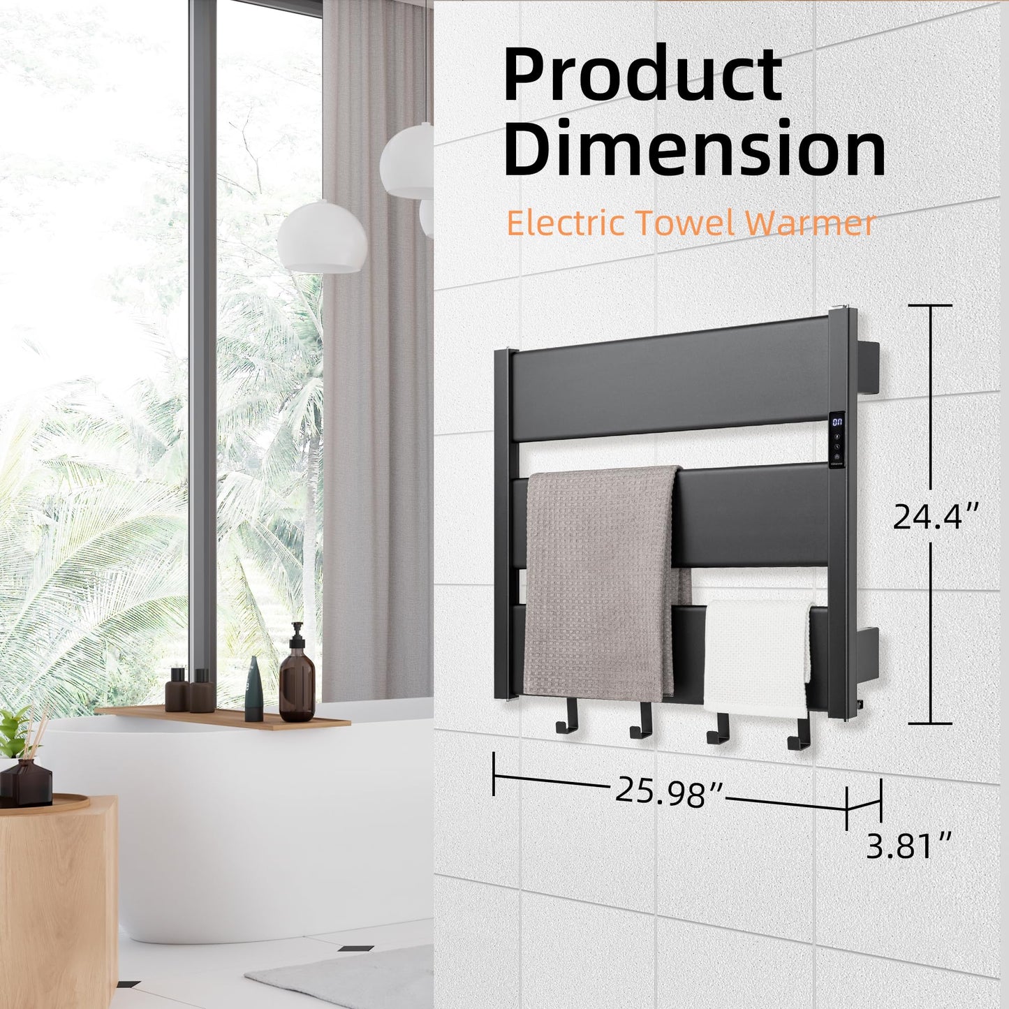 K&KALONZO Towel Warmer for Bathroom, Wall-Mounted Heated Towel Rack with Built-in Timer, Waterproof Alumnimum Electric Towel Heater, Support Plug-in and Hardwired, Black, H3-B