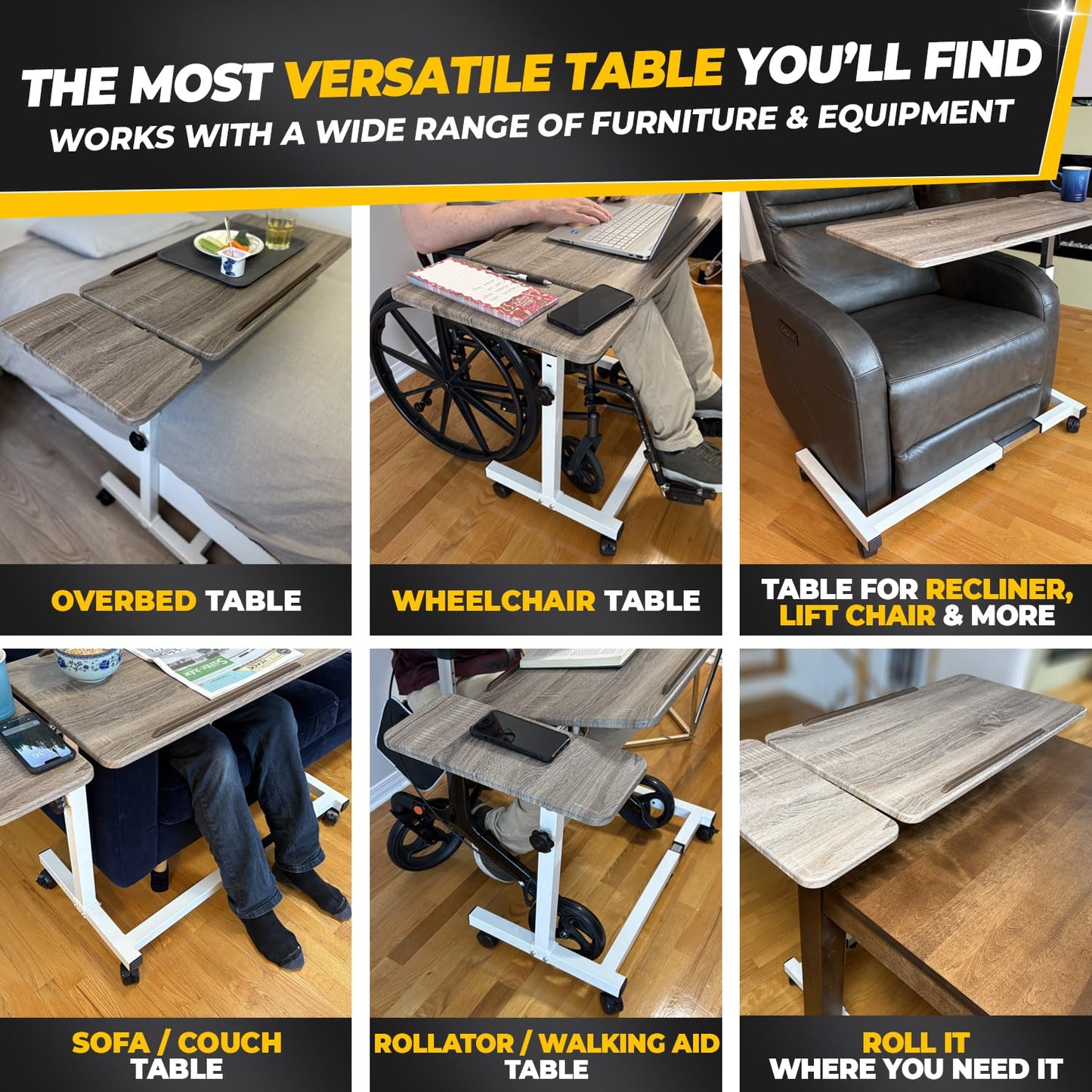 Sigmade Recliner Table, Over The Bed Table with Wheels, Adjustable Width & Height, with Split Tilt Design & 4 Caster Wheels with Brakes (White Base & Wood Grain Tabletop)