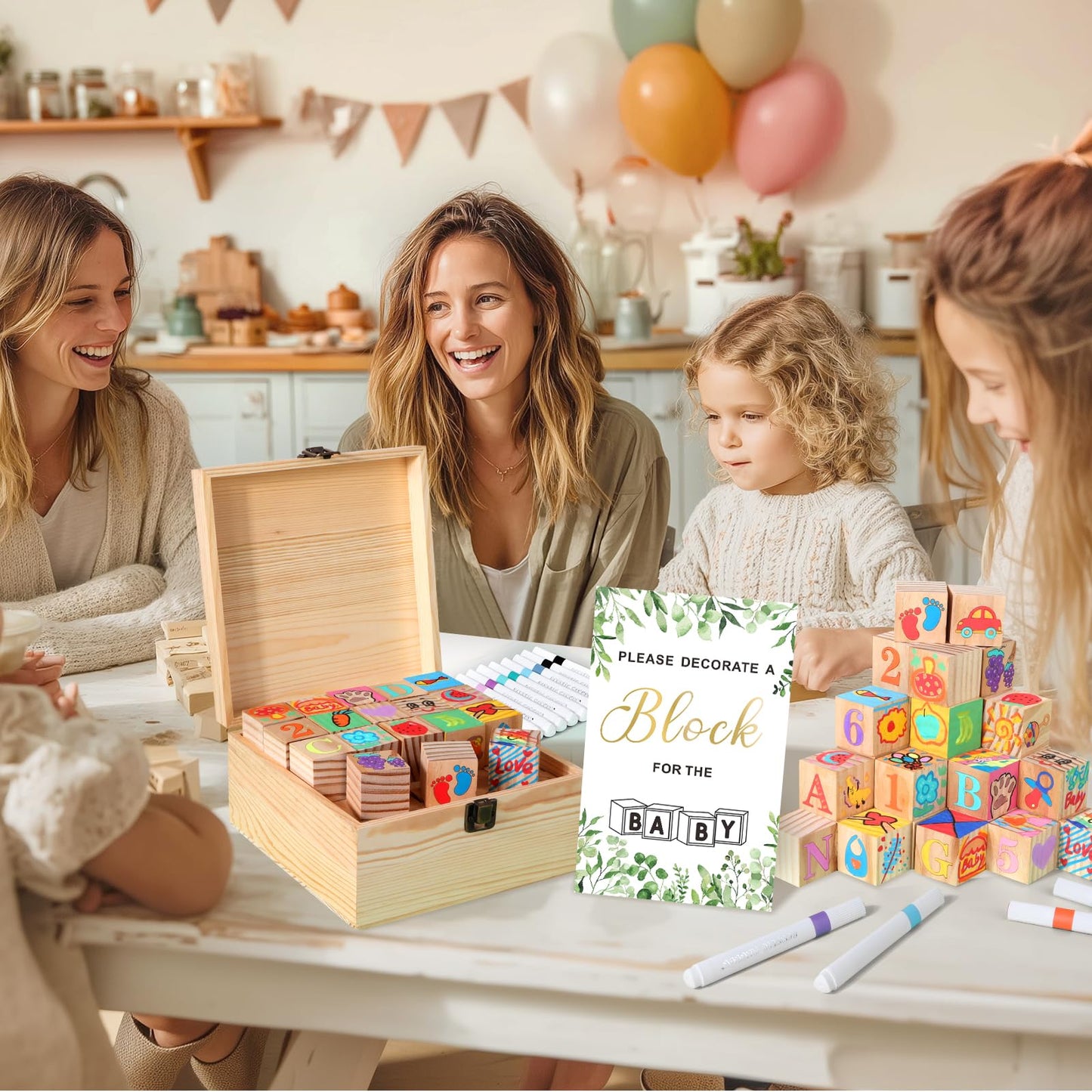 Pydeeirom Baby Shower Blocks Game Set with Wooden Box, Acrylic Markers & Wooden Sign for Baby Shower Games, Gender Reveal & Decorations (GreenLeaves)