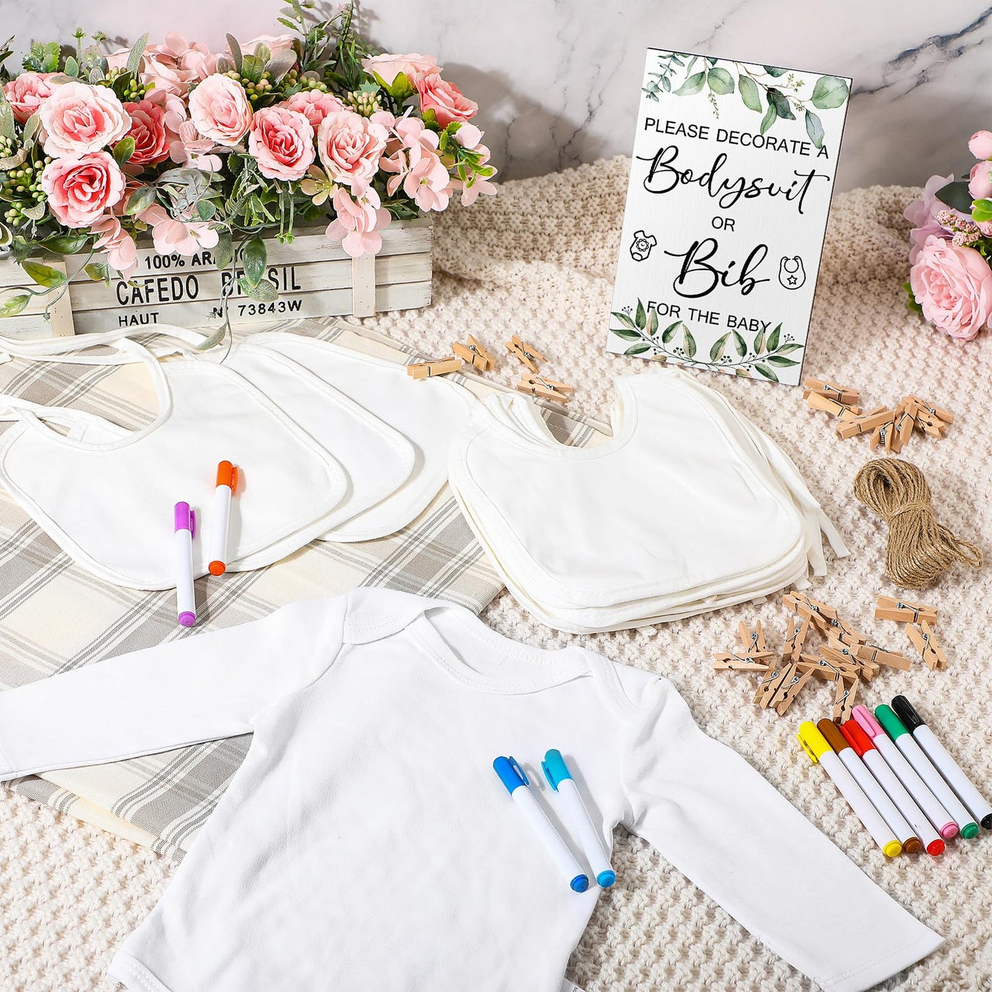 Hoosige 43 Pcs Baby Shower Games White Bodysuit Decorating Kit Bibs Design Games Prizes, Include Wooden Game Sign with 15 Blank White Bibs 15 Bodysuit 12 Marker for Shower