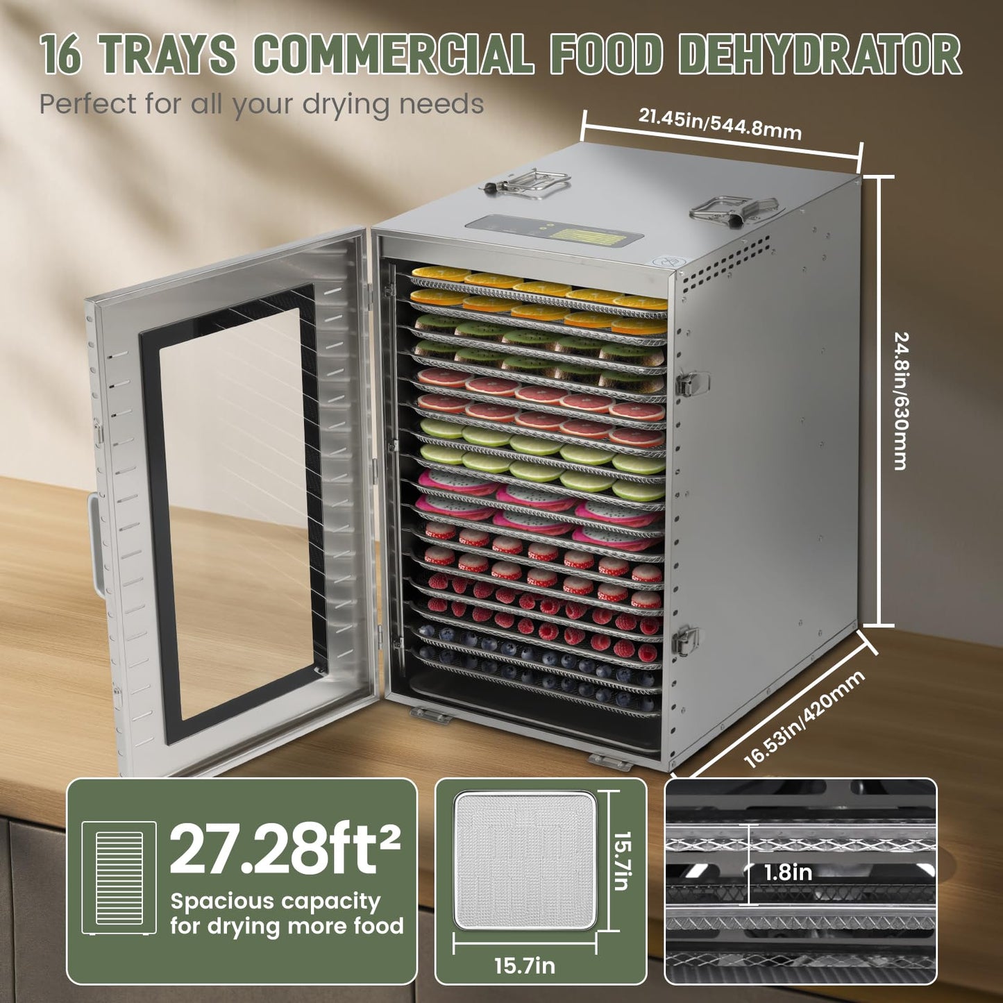 Commercial Food-Dehydrator Machine 16 Trays, 27.28ft² Large Meat-Dehydrator for Food Dryer 70ºF-190ºF,Stainless Steel Fruit Dryer for Jerky, Beef, Herbs