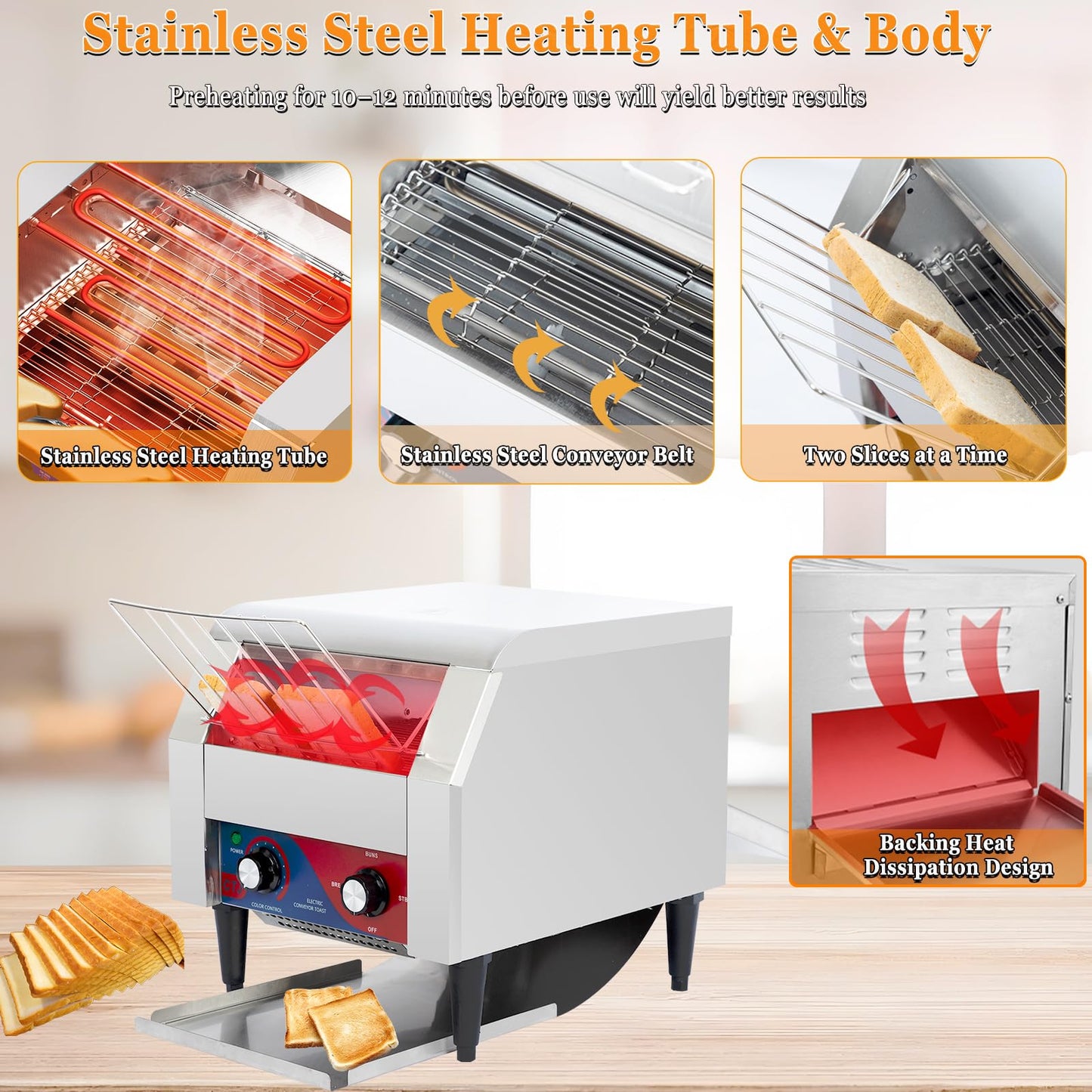 CTJ Commercial Toaster 300 Slices/Hour Electric Conveyor Belt Toaster Heavy Duty Stainless Steel Rotating Toasters Machince for Croissants Bun, Bagel, Bread
