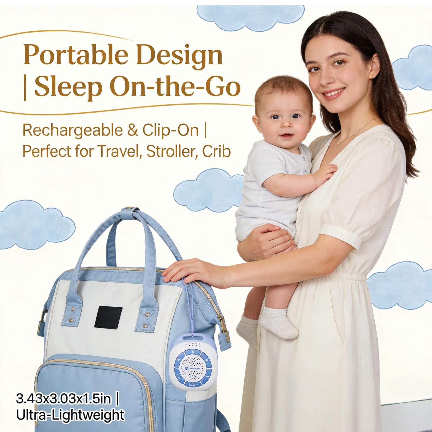 Amplim Mom’s Real Heartbeat Sound Device, Womb Sound Recorder White Noise for Newborn, Soothing Baby Sleep Machine, Rechargeable, Timer & Volume Control, Portable Infant Aid for Faster, Deeper Sleep