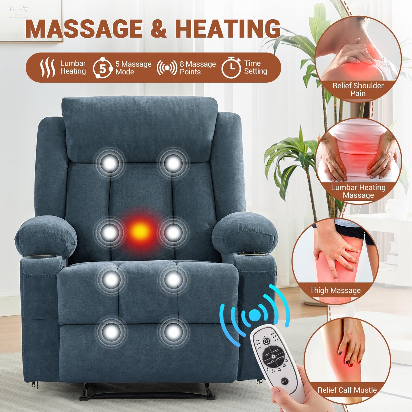 IDEALHOUSE Recliner Chair with Massage and Heat, 37.4" Oversized Recliner with Vibration Massage and Side Pocket, Reclining Chair for Living Room, Bedroom, Blue