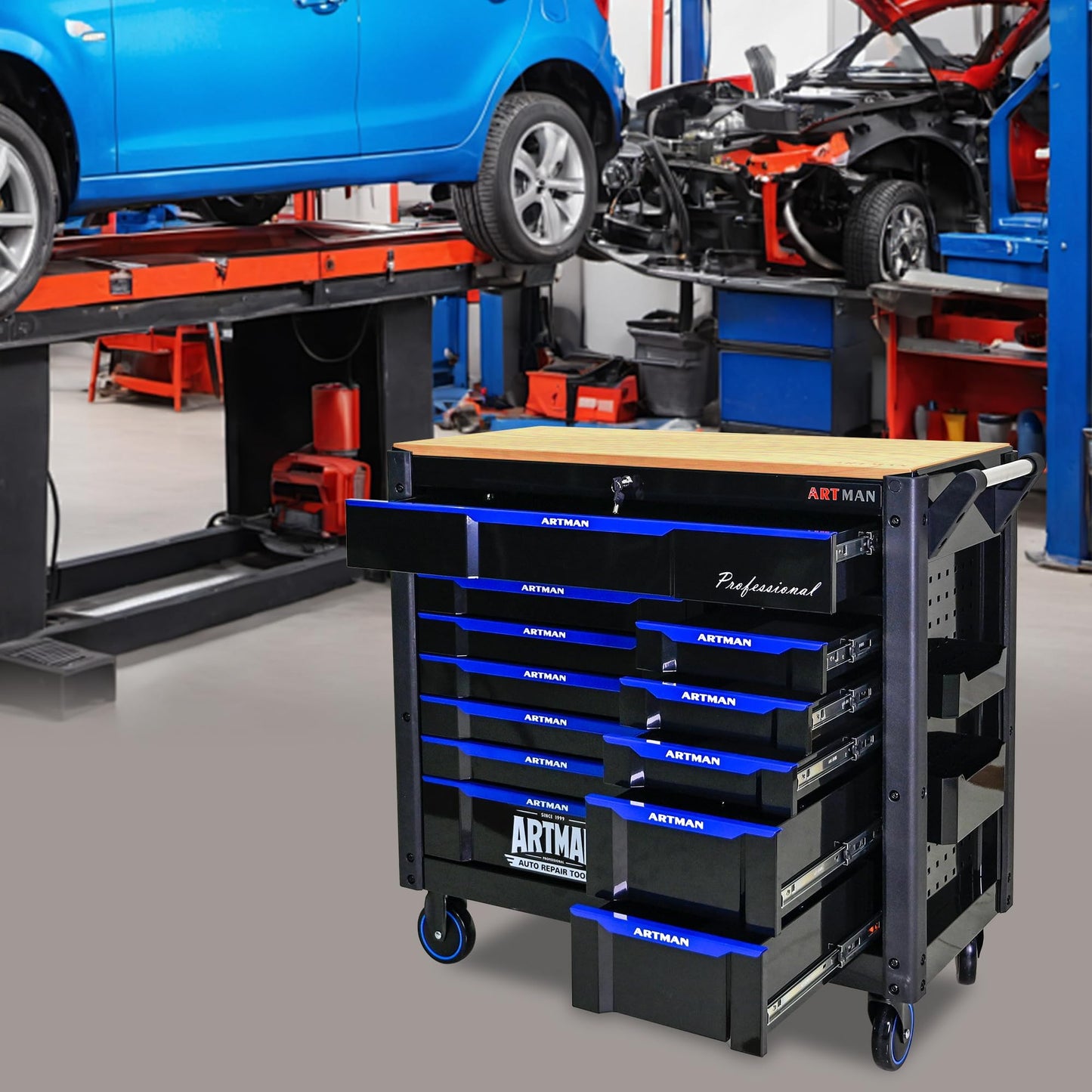 WTRAVEL Heavy Duty Rolling Tool Chest with 12-Drawer Tool Cart Mechanic Tool Box with Wheels Tool Storage Cabinet Mobile Workbench Tool Bench for Garage, Workshop, Warehouse, Repair Shop, Wood Top