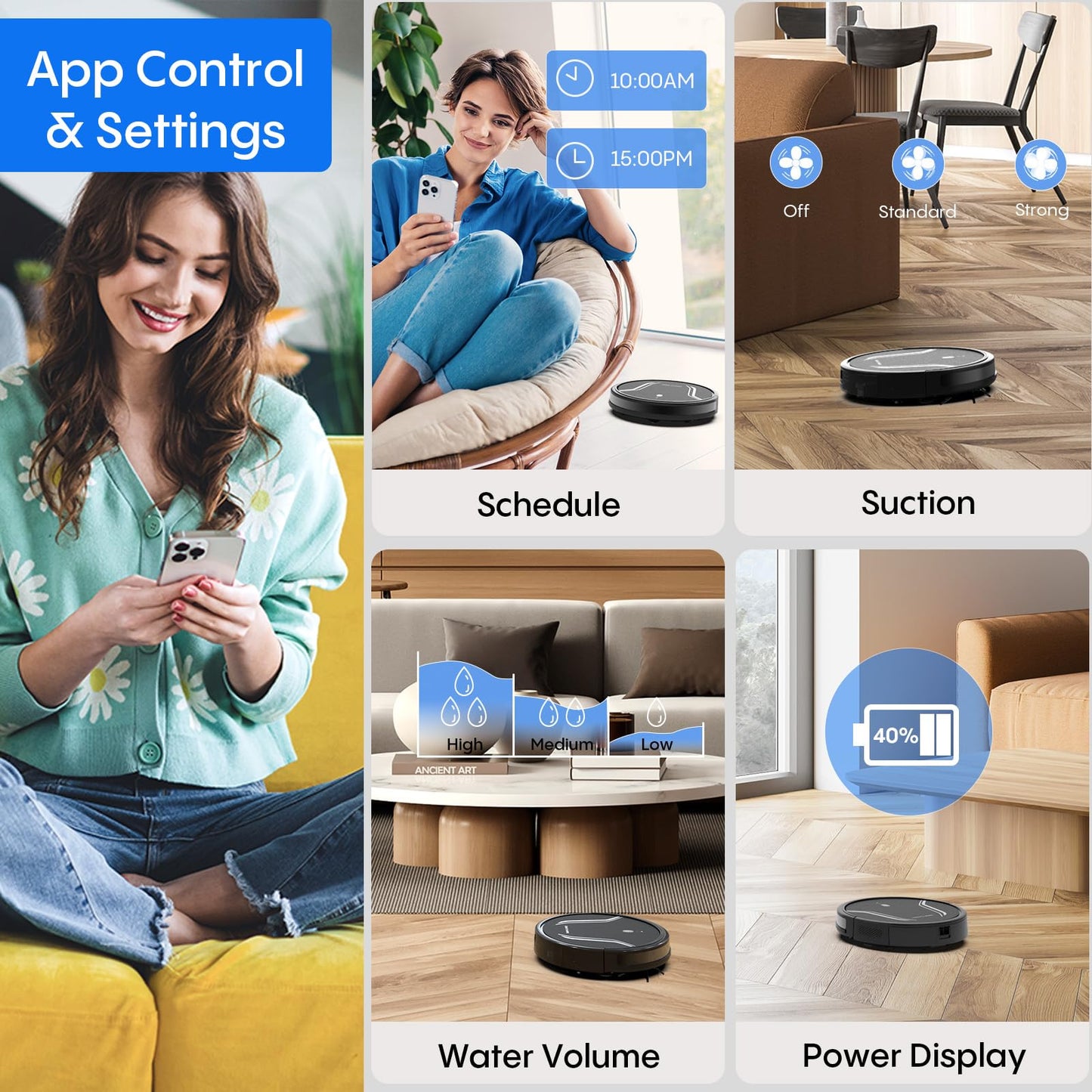 Bagotte Robot Vacuum and Mop, 5000Pa Mopping Robot Vacuum Cleaner with 3-in-1 Robotic Vacuum Cleaner, Multiple Cleaning Modes, Self-Charging, WiFi/Alexa/App, Ideal for Hard Floor, Pet Hair，Debris