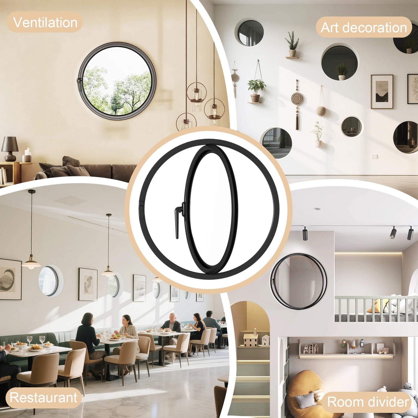 360° Rotating Round Window, 23.6" Flush Mount Tempered Glass Porthole Window, Metal Pivot Casement Window with Handle, Home Indoor Ventilation Windows Replacement for Kitchen Bedroom Living Room
