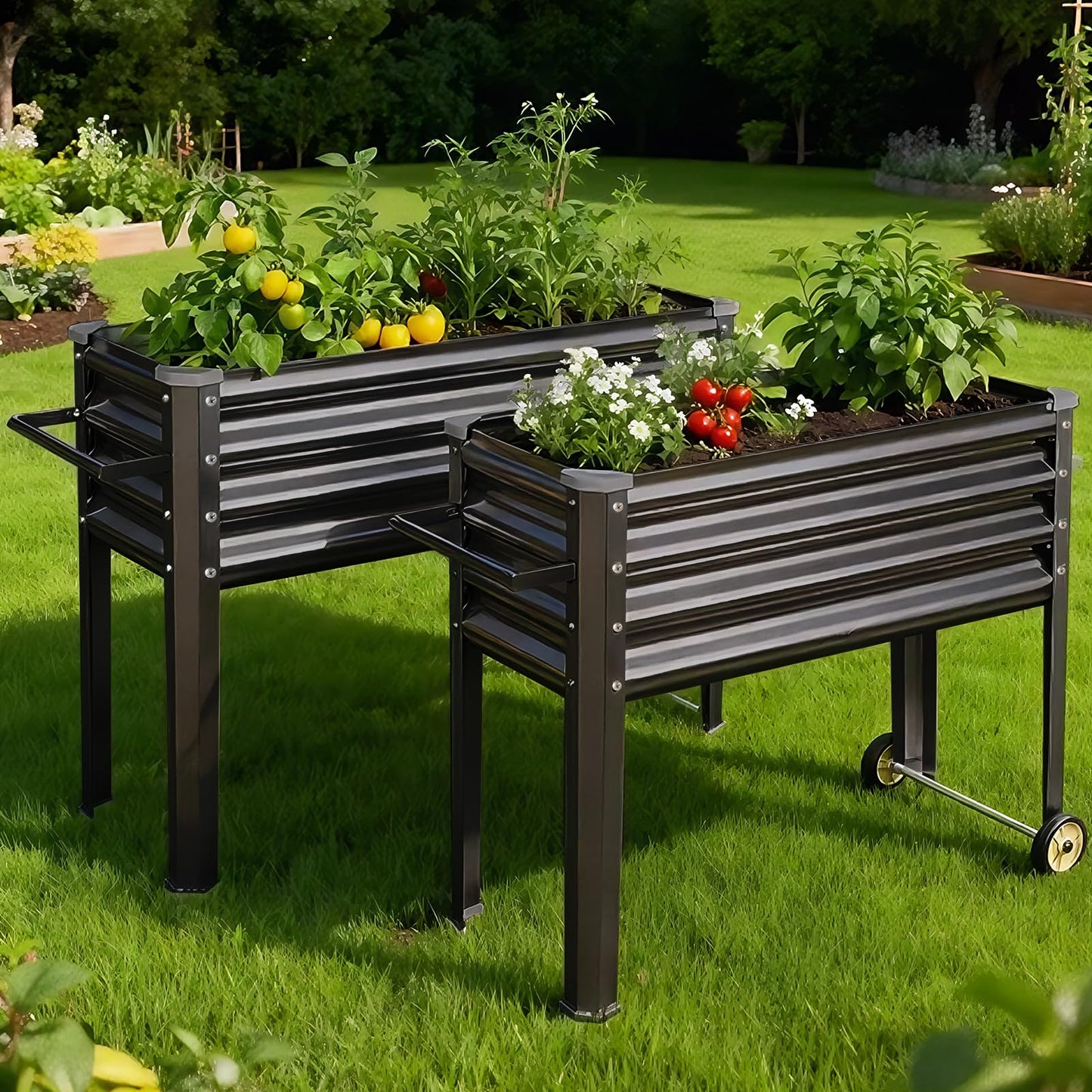 Land Guard 2 Pack Galvanized Raised Garden Bed with Legs & Wheels, 48×18×32in Metal Elevated Raised Planter Box for Backyard, Patio, Balcony, 500lb Capacity, Dark Grey
