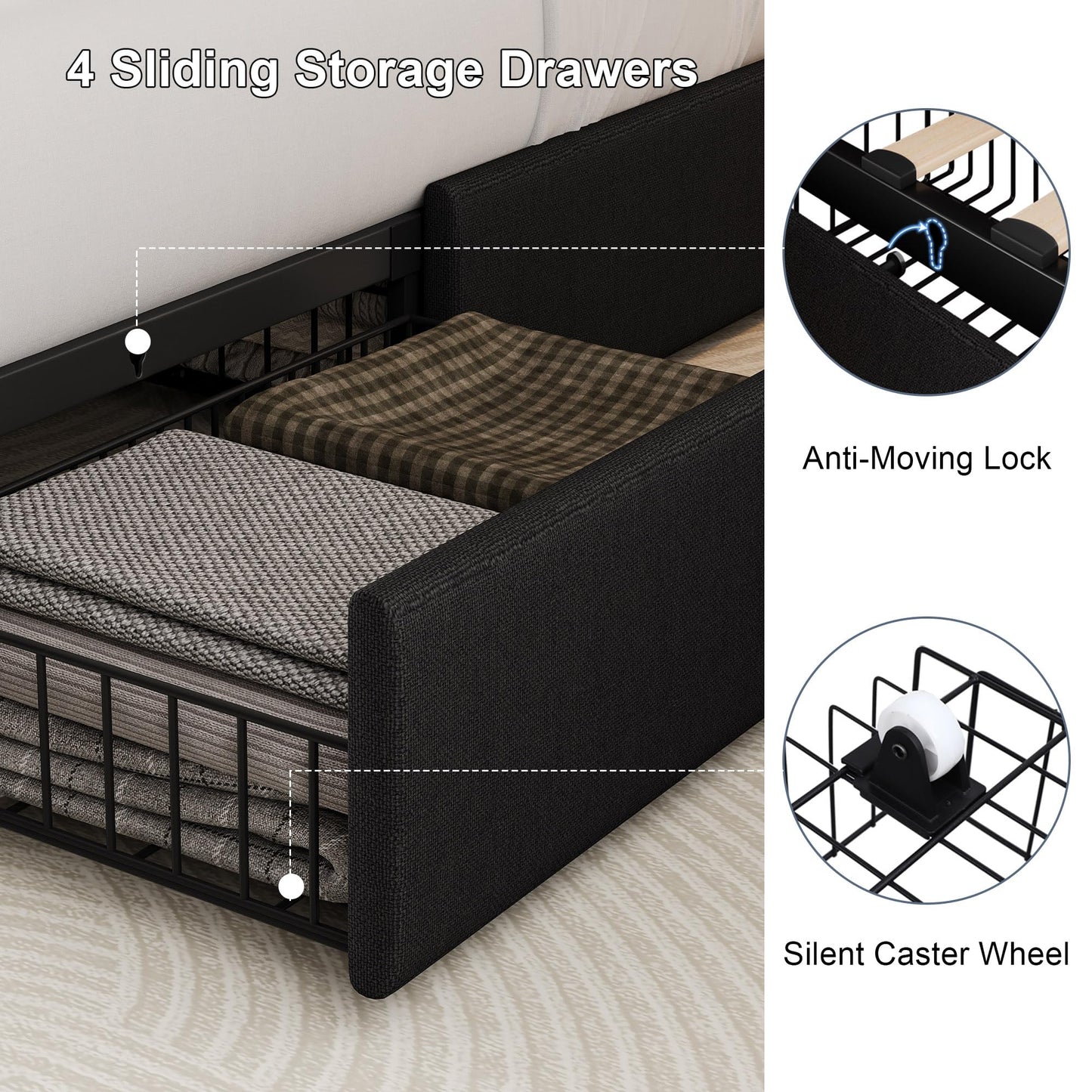 AMBERHAUS Queen Size Upholstered Platform Bed Frame with 4 Storage Drawers and Charging Station, Linen Button Tufted Wingback Headboard, Sturdy Wooden Support Slats, No Box Spring Needed, Black