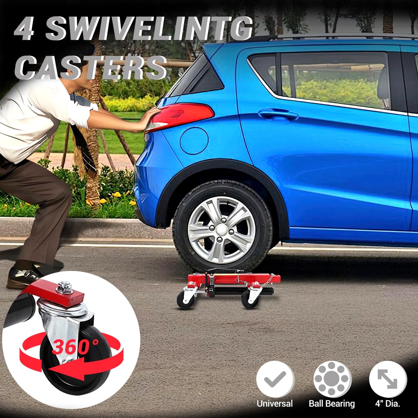 Car Wheel Dolly Set of 2, 1500 LBS Capacity Car Dolly with Hydraulic Tire Jack & Aluminium Twin Rollers, Heavy Duty Rollers with Foot Pedal for Tire Auto Repair Moving, Red