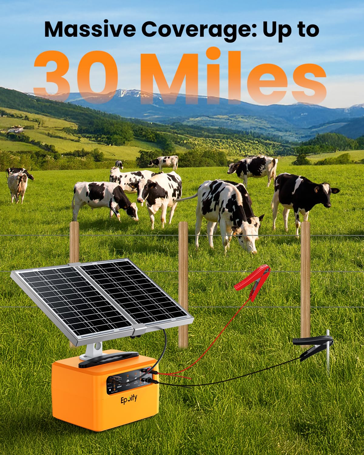 30-Mile Solar Electric Fence Charger for Livestock Safety, 0.3-1.5 Joules Adjustable Energizer with 12000mAh Battery, 24/7 Solar Fence Charger with Smart Voltage Display for Raccoon, Deer Control