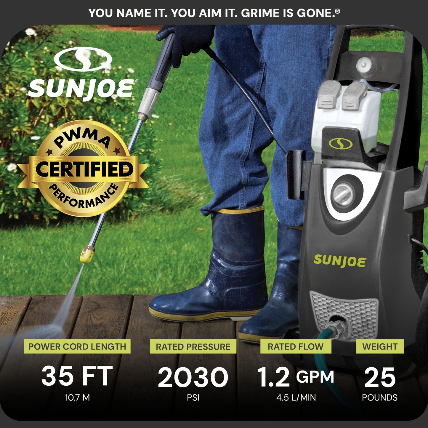 Sun Joe Electric Pressure Power Washer, 2030 PSI (PWMA Certified), 1.2 GPM, Dual Soap Tanks, (35-FT GFCI Water-Safe, Power Cord), SPX3000