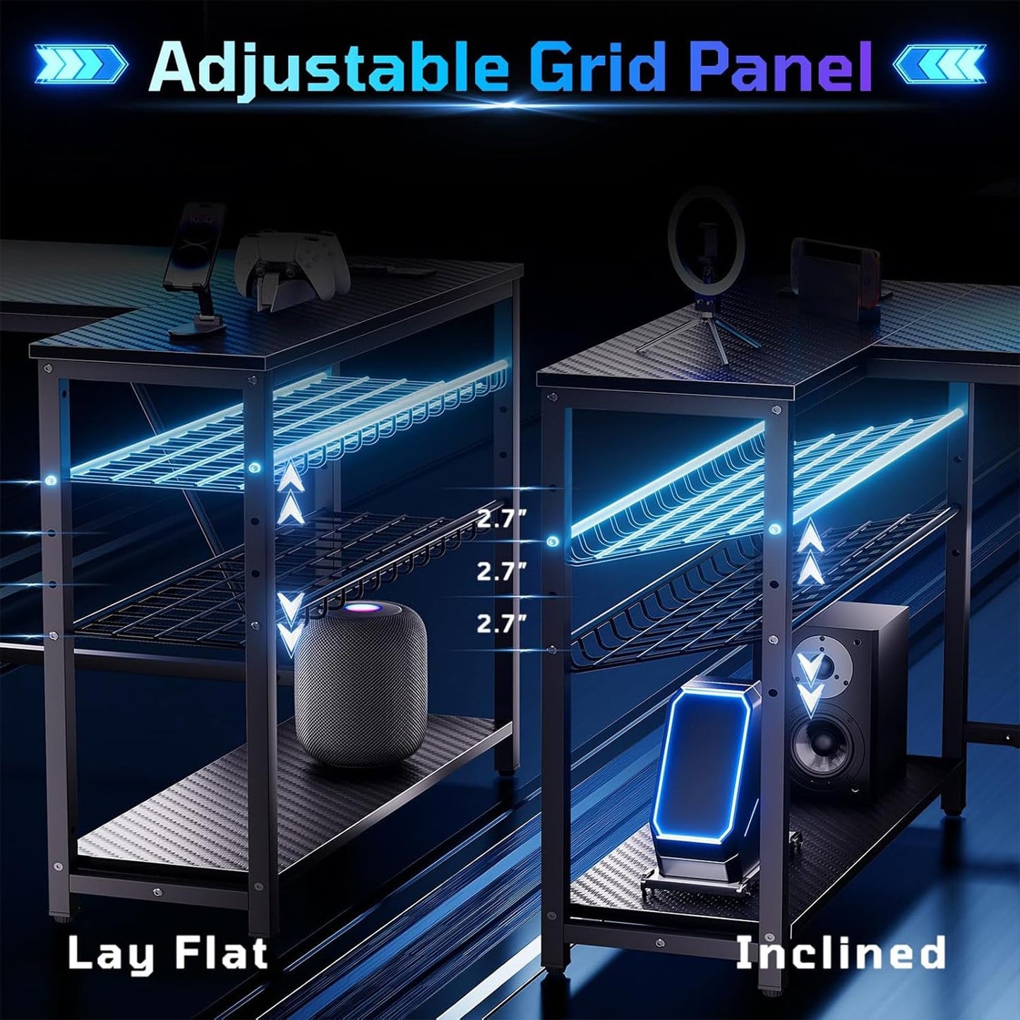 Bestier Gaming Desk with Power Outlets, 42" L-Shaped Computer Desk with LED Lights, Desk with Reversible Storage Shelves & Hooks for Small Spaces, Bedrooms & Offices, Black Carbon Fiber