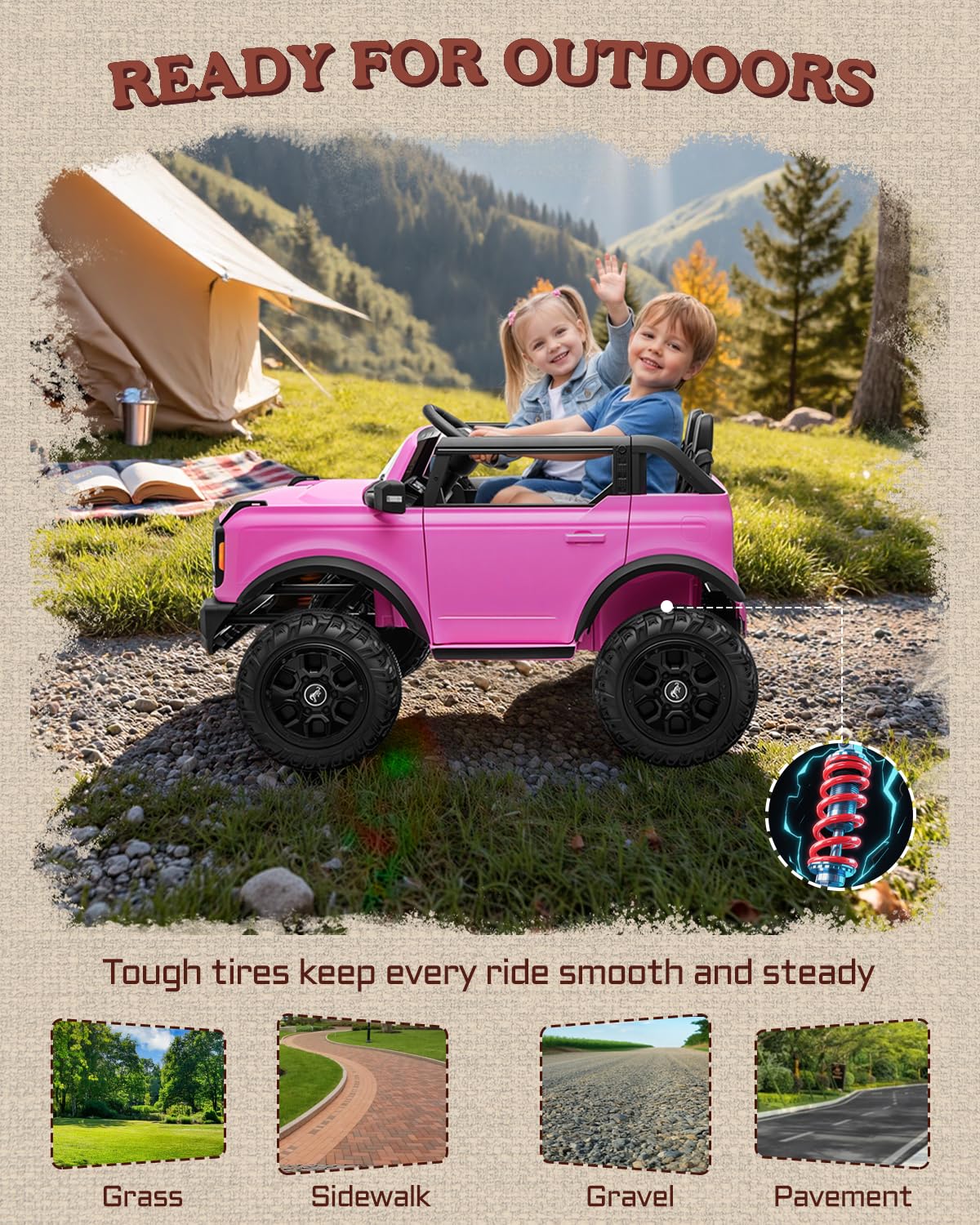 First Ride On 24V Ride on Toys for Big Kids, Licensed Ford Bronco Base 2 Seater Ride on Car with Remote Control, Girl Ride on Truck w/Seat Belts, 3 Speeds, Spring Suspension and Bluetooth (Pink)