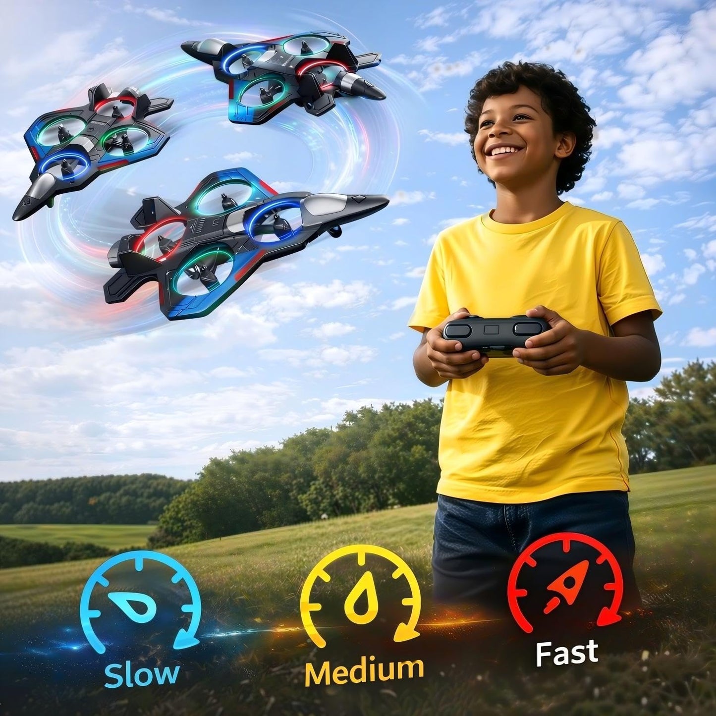 BEACONDESI RC F35 Fighter Drone for Kids, Remote Control Airplane with Altitude Hold, RC Jet Drone Toy with LED Lights, Easy to Fly RC Airplane for Beginners Boys Girls Green