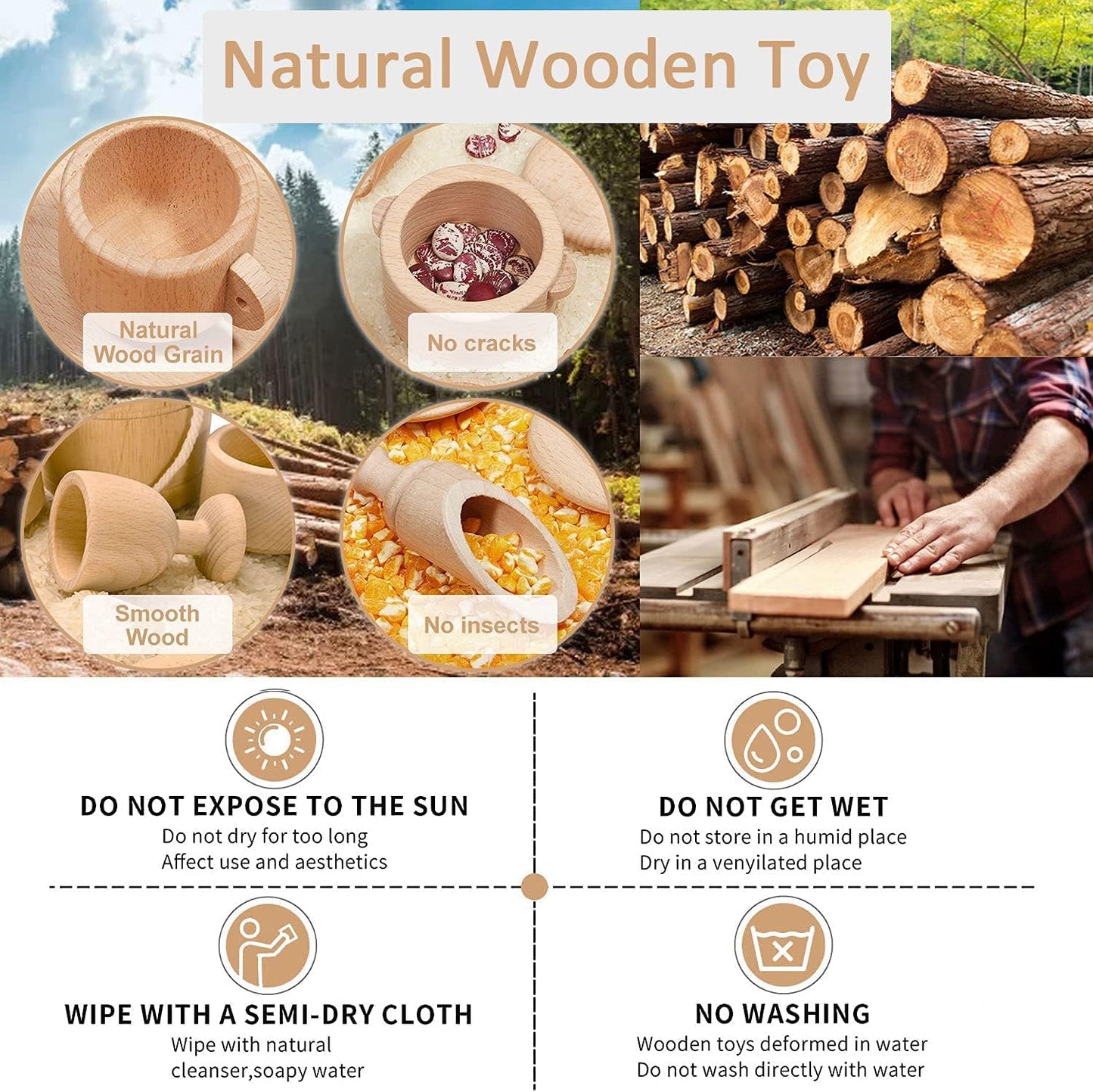 MONT PLEASANT Montessori Sensory Bin Toys for 1 Year Old Toddlers, 11pcs Wooden Waldorf Toys - Wooden Scoops and Tongs for Transfer Work and Fine Motor Skills Development