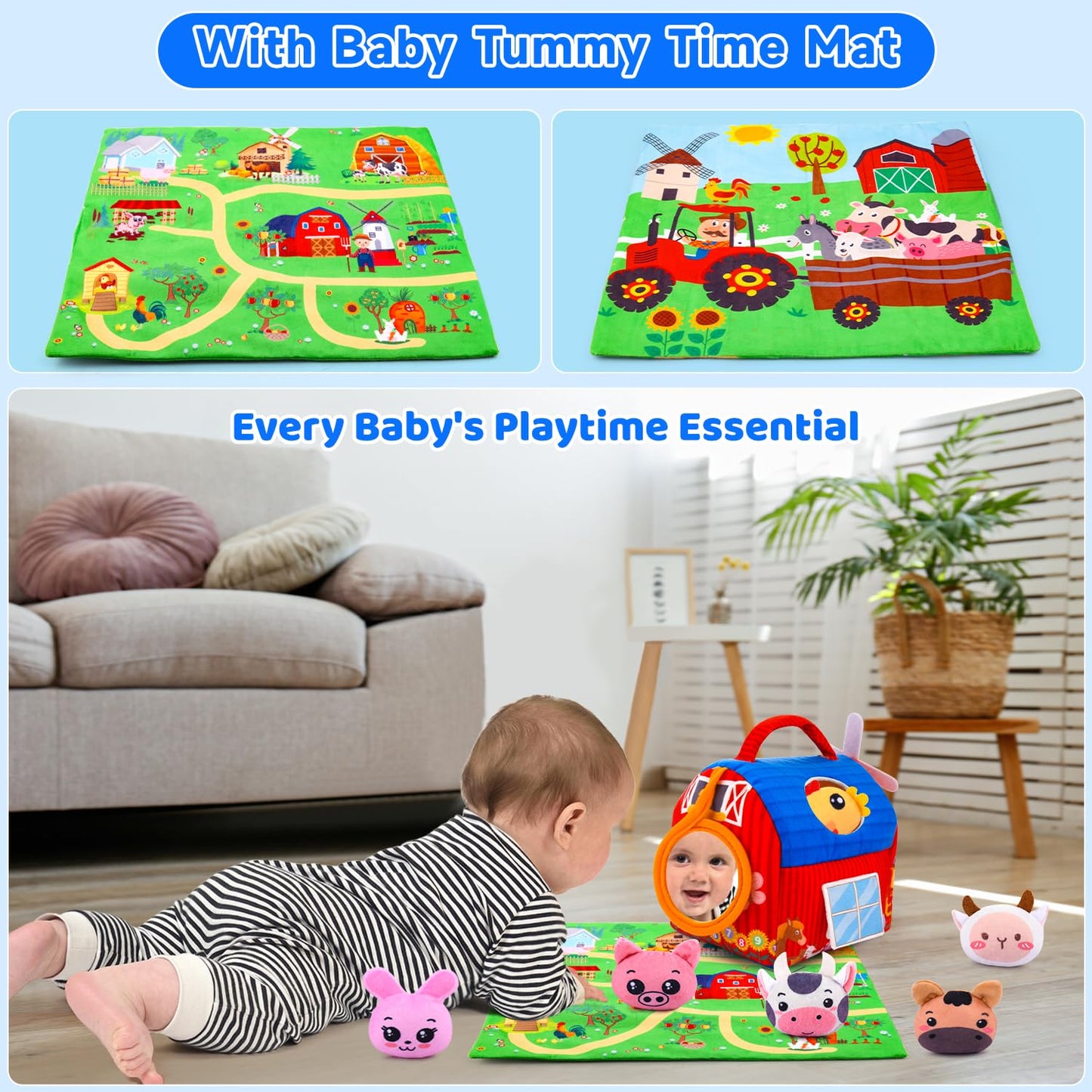Baby Toys 6-12 Months - Soft Barn with Stuffed Farm Animals, Rattles, Textures, Mirror, Play mat - Toddler Toys Sensory Toy Montessori Toy for Babies 6-12 Months, 1 Year Old Boys Girls Baby Gifts