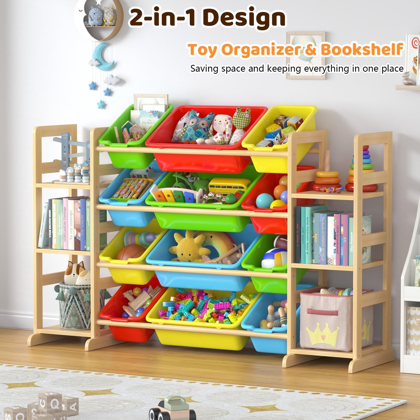 Ratulie Large Toy Storage Organizer Kids Toy Organizer and Bookshelf Combo with 12 Bins and 6 Shelves Toy Organization Box Toy Shelf for Playroom, Bedroom, Nursery