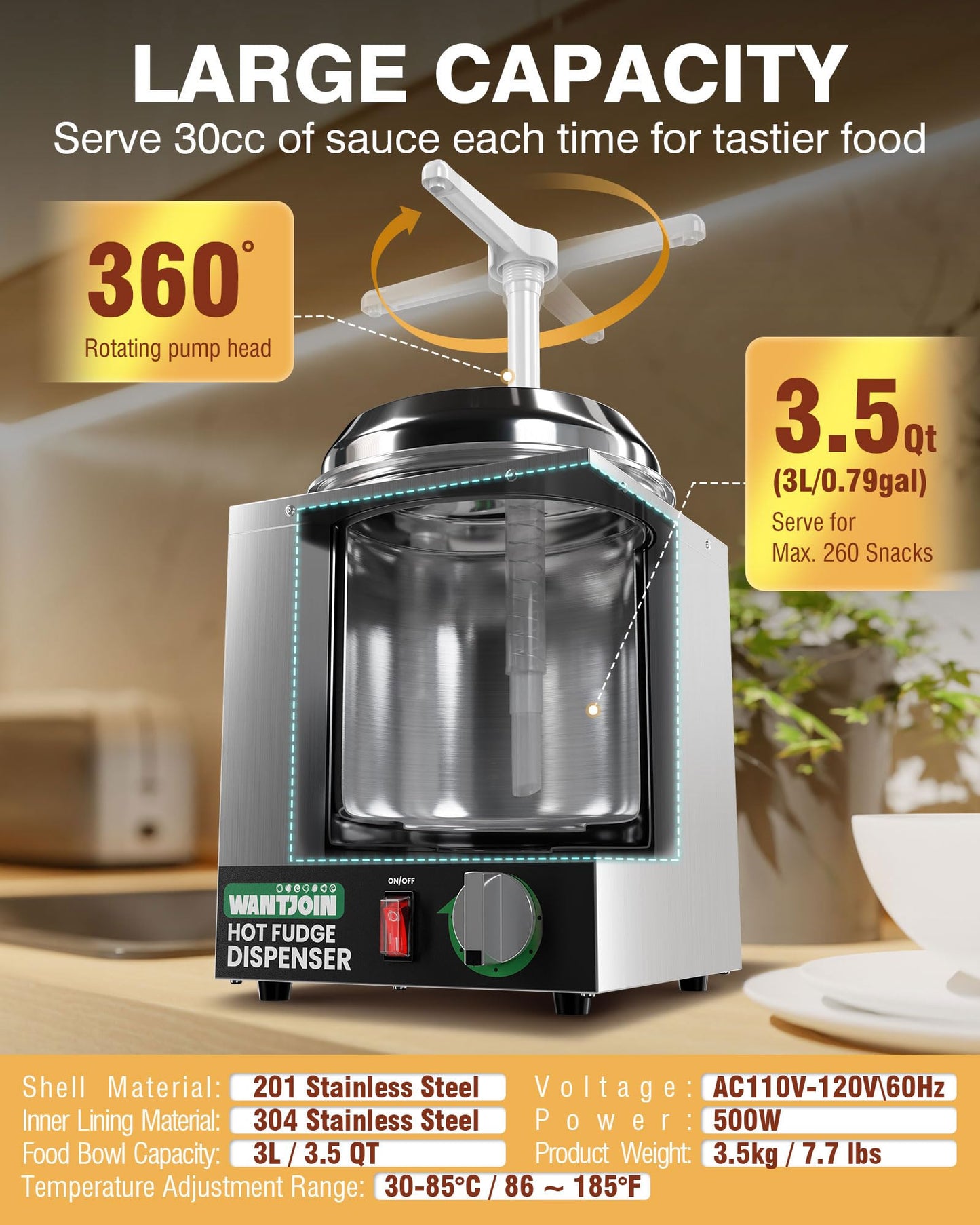 WantJoin 3.5Qt Nacho Cheese Dispenser with Pump - Nacho Cheese Warmer,Stainless Steel Hot Fudge Warmer W/5-Level Temperature Adjustment,Hot Fudge Dispenser for Hot Fudge Cheese Caramel