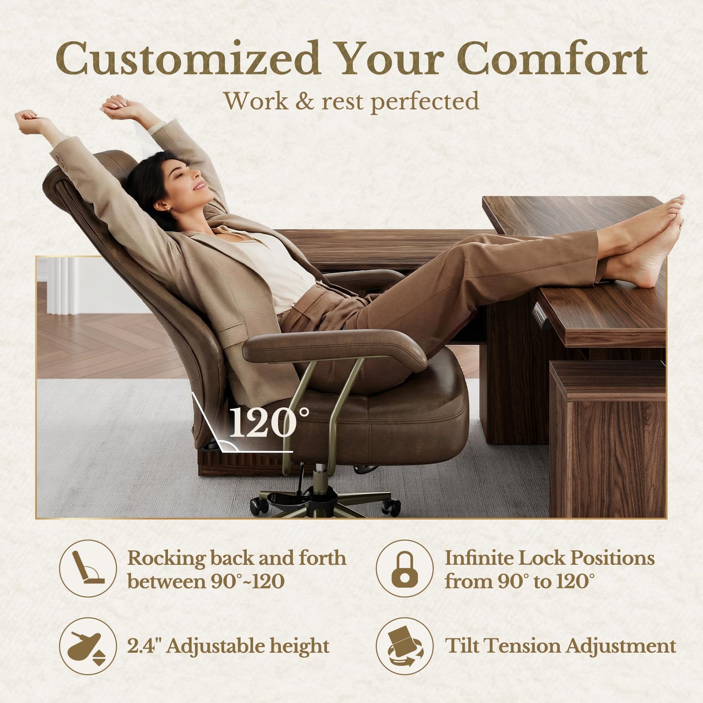 Perledesign High Back Executive Office Chair with Integrated Headrest & Lumbar Support - Ergonomic PU Leather Desk Chair, Adjustable Swivel Computer Chair with Recline Function for Home Office, Brown