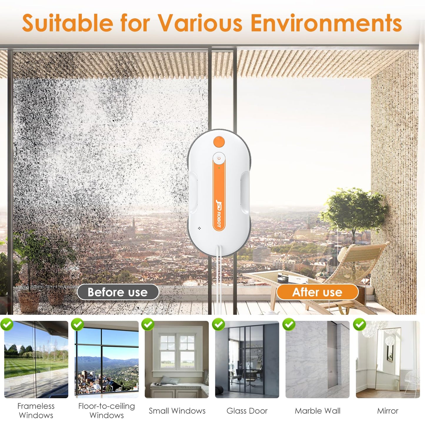 JSDROBOT Lite Window Cleaning Robot,5300Pa Window Cleaner Robot with Pressured Wiping Dual Water Spray Close to The Border Wipe Edge Detection Intelligent Path Plan