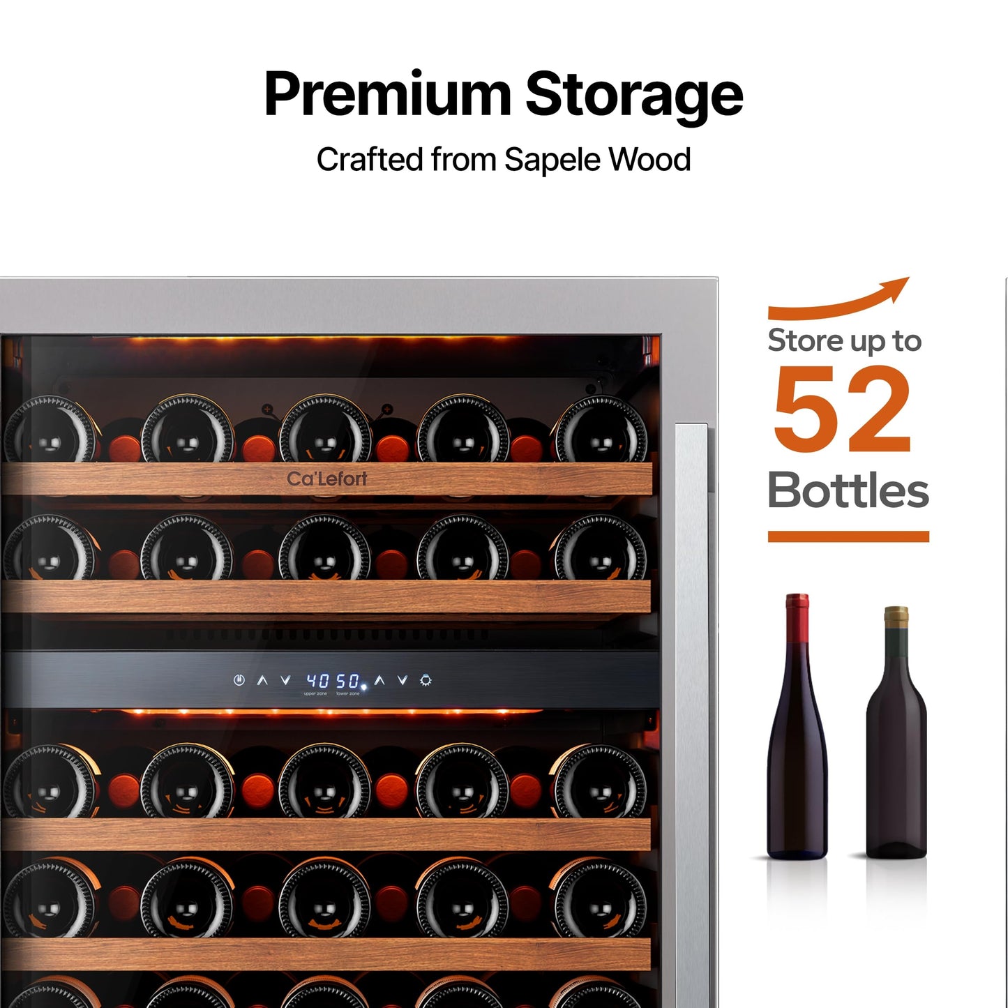 Ca'Lefort 24 Inch Wine Fridge Refrigerator - 52 Bottles Dual Zone Cooler with Glass Door, Built-in Compressor Fridge with 3 LED for Home Office Bar Left-Hinged Door (5.65 cu.ft)